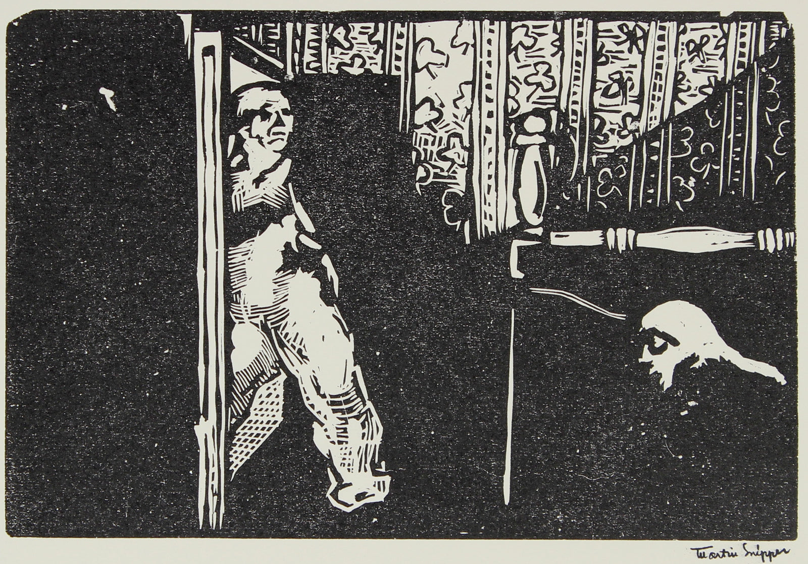 Atmospheric Interior Scene <br>Mid 20th Century Linoleum Block Print <br><br>#48789