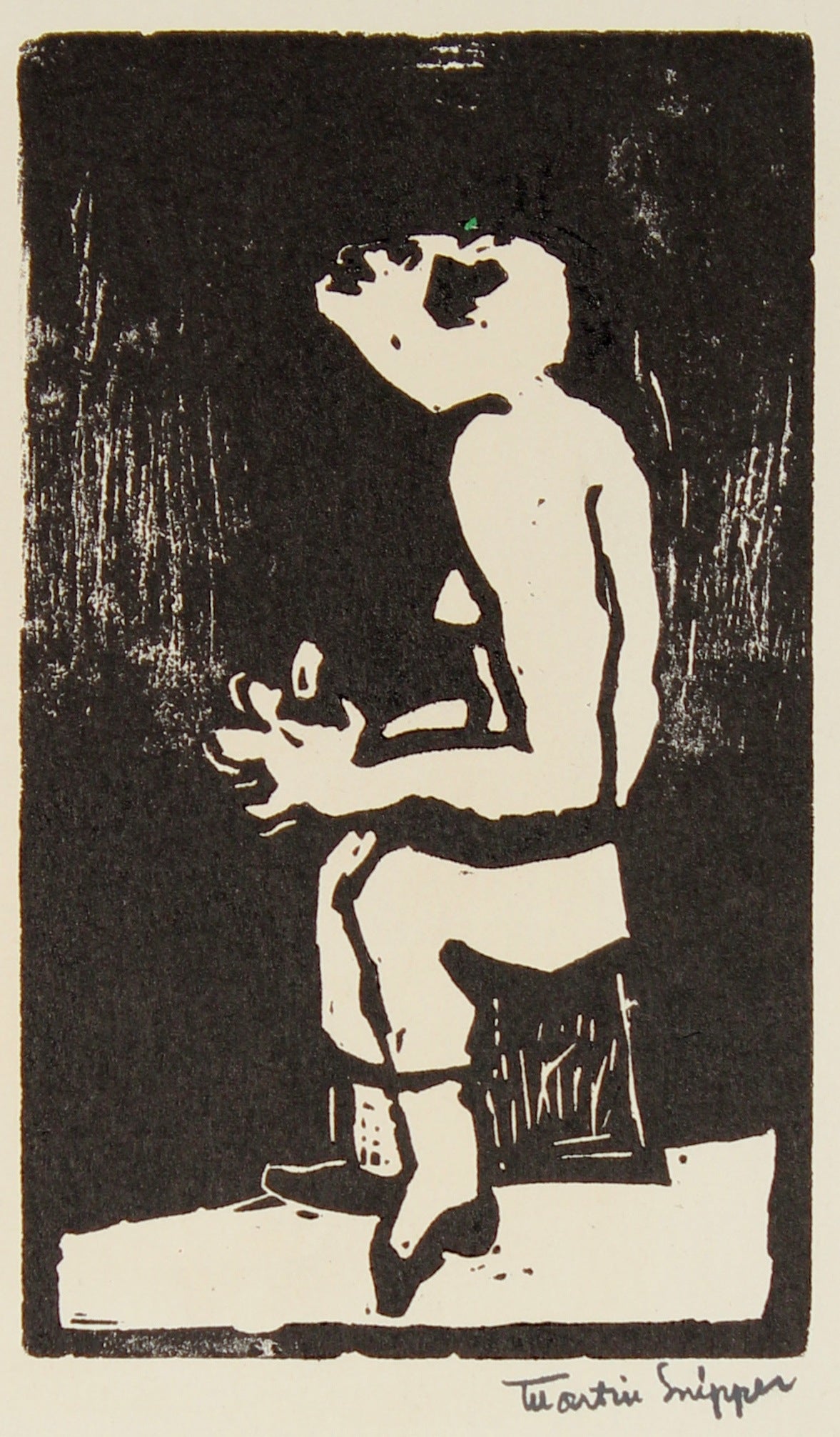 Petite Surreal Figure in Supplication <br>Mid 20th Century Linoleum Block Print <br><br>#48834