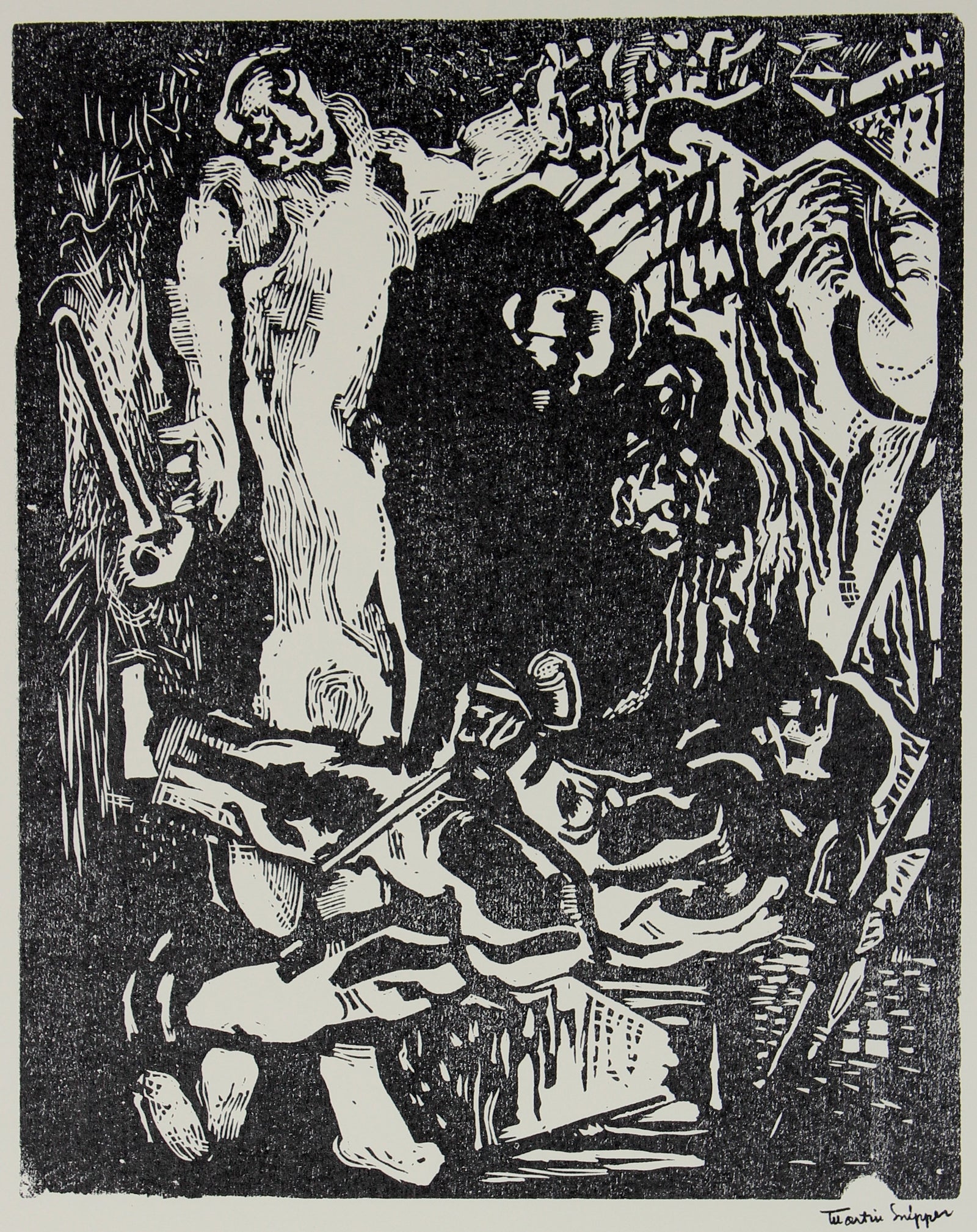 Linoleum Block Multiple Figure Scene <br>Posthumous Print<br><br>#48938