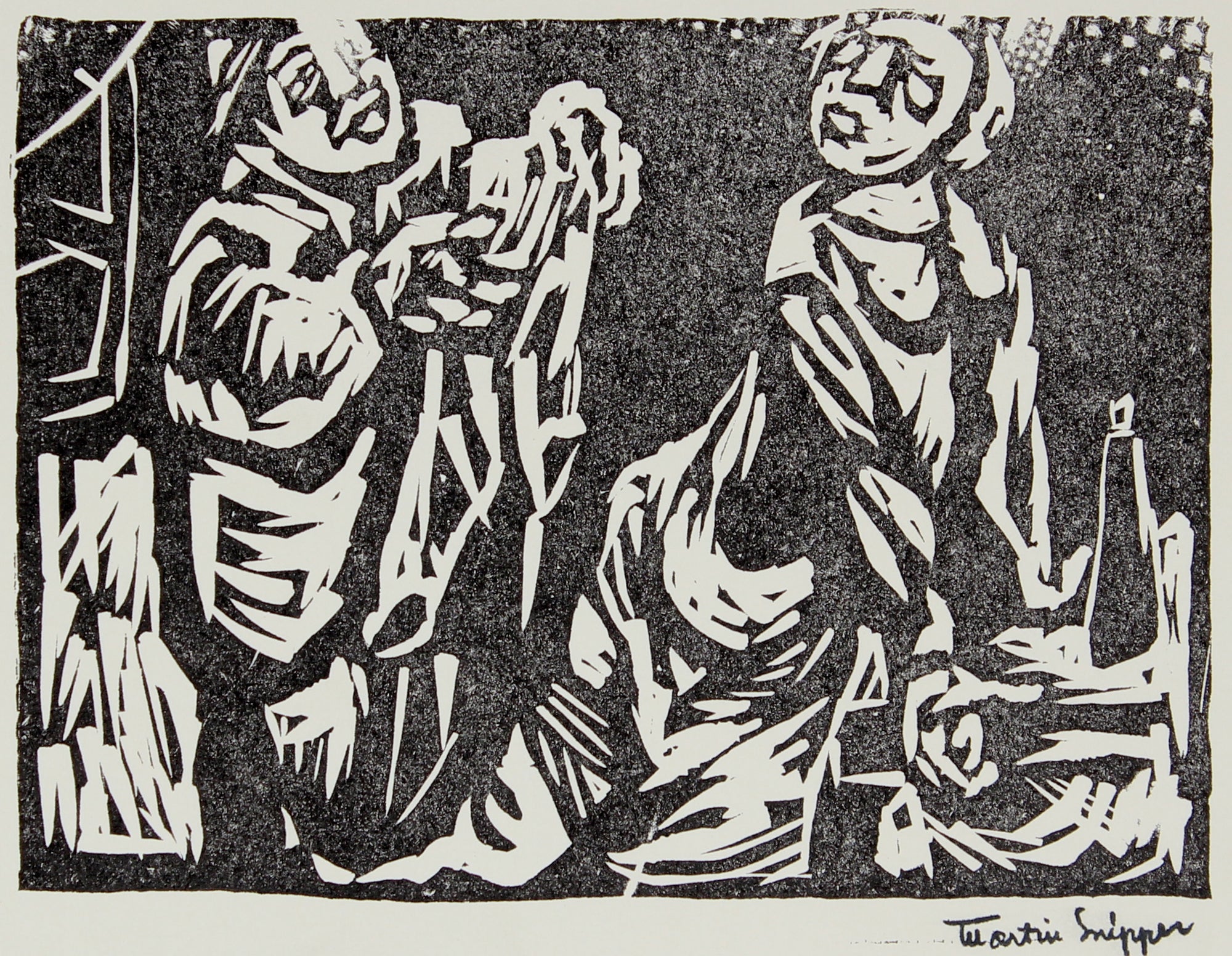 Linoleum Block Multiple Figure Scene <br>Posthumous Print<br><br>#48951