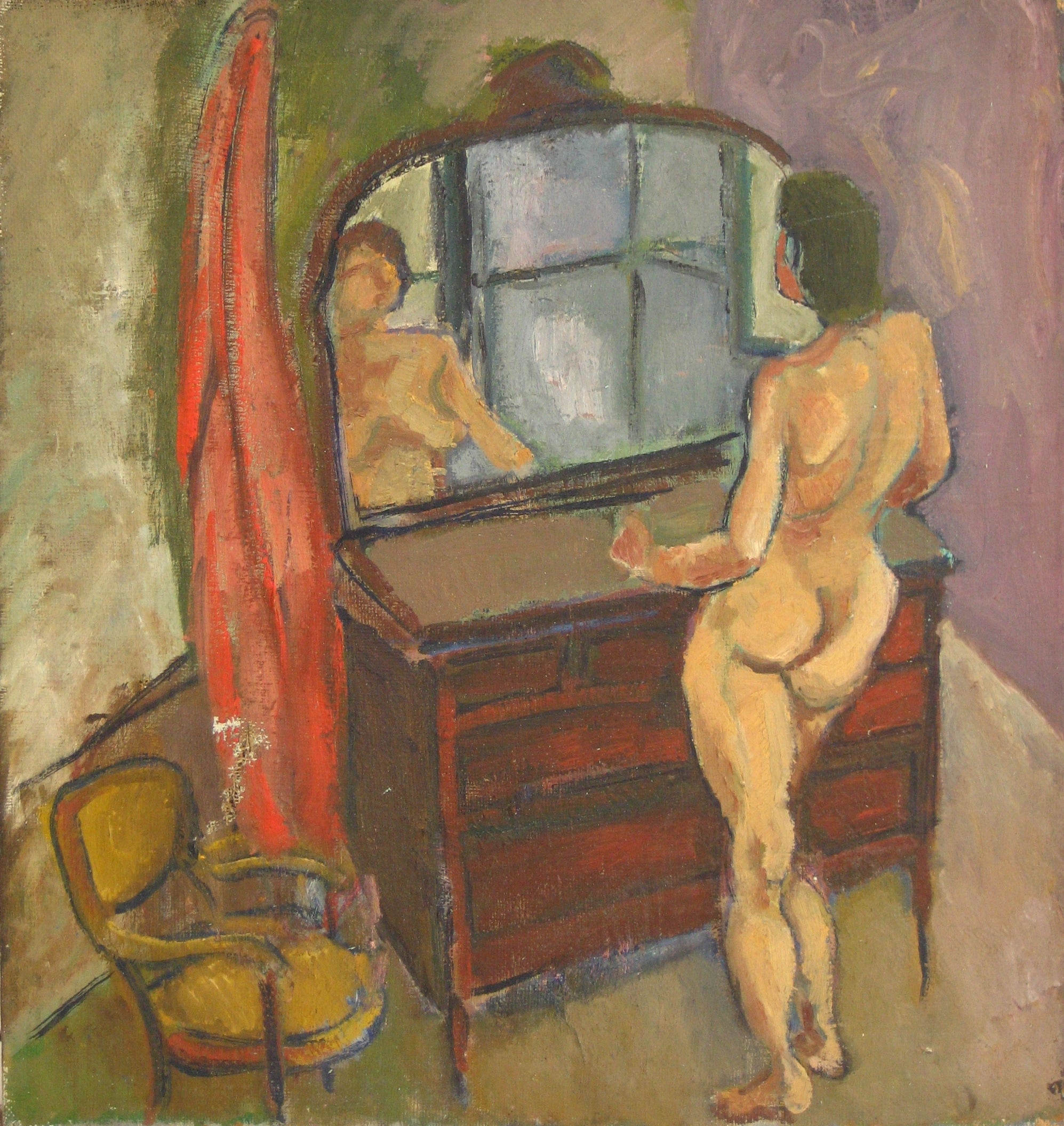 Nude in the Mirror<br>1940-50s Oil<br><br>#4924