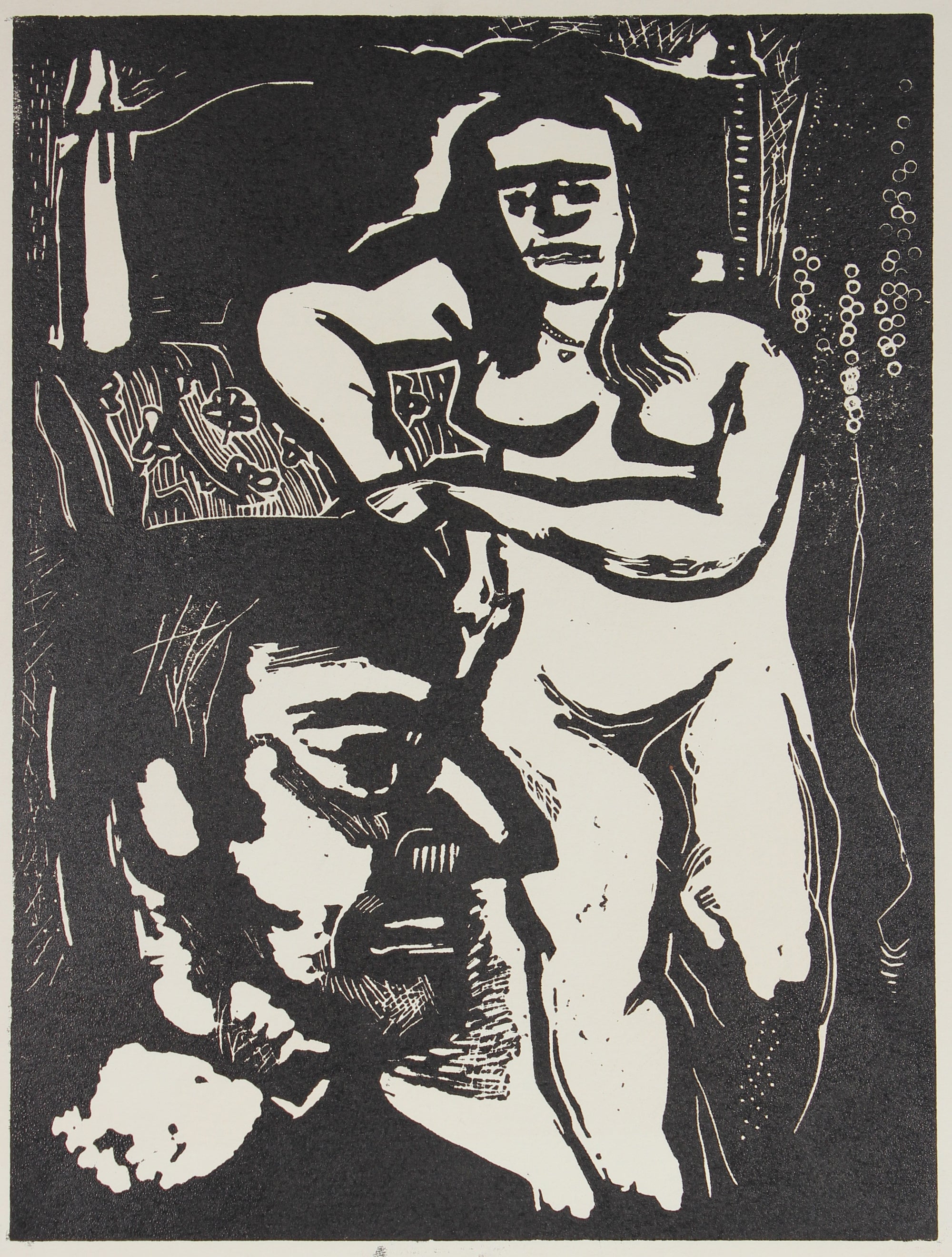 Abstracted Interior Scene <br>Mid 20th Century Linoleum Block Print <br><br>#49638