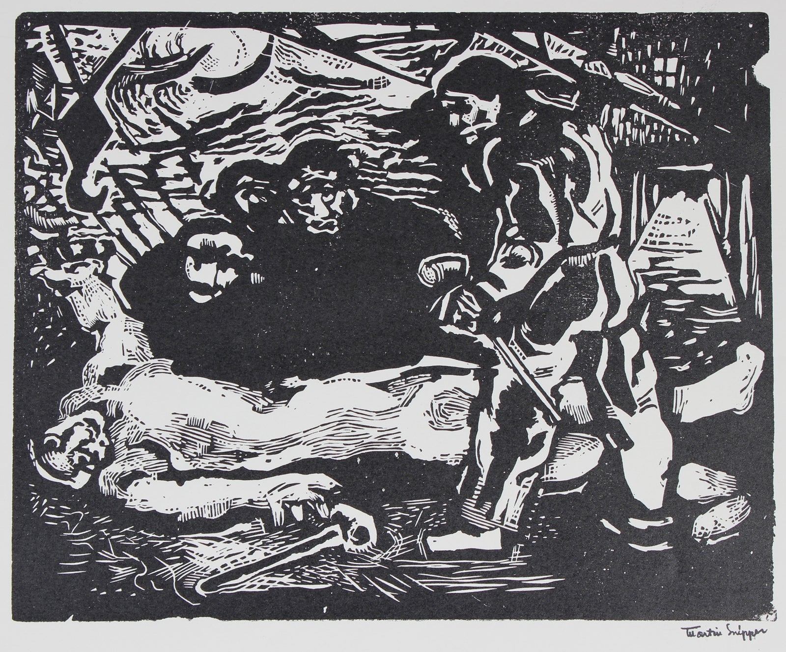 Pensive Monochromatic Figurative Scene <br>Mid 20th Century Linoleum Block Print <br><br>#49640
