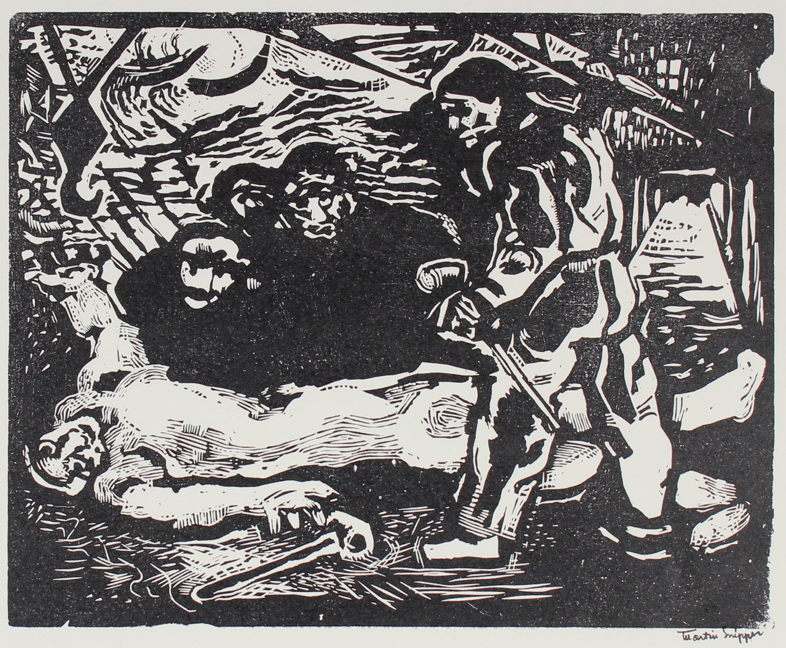 Linoleum Block Multiple Figure Scene <br>Posthumous Print<br><br>#49641
