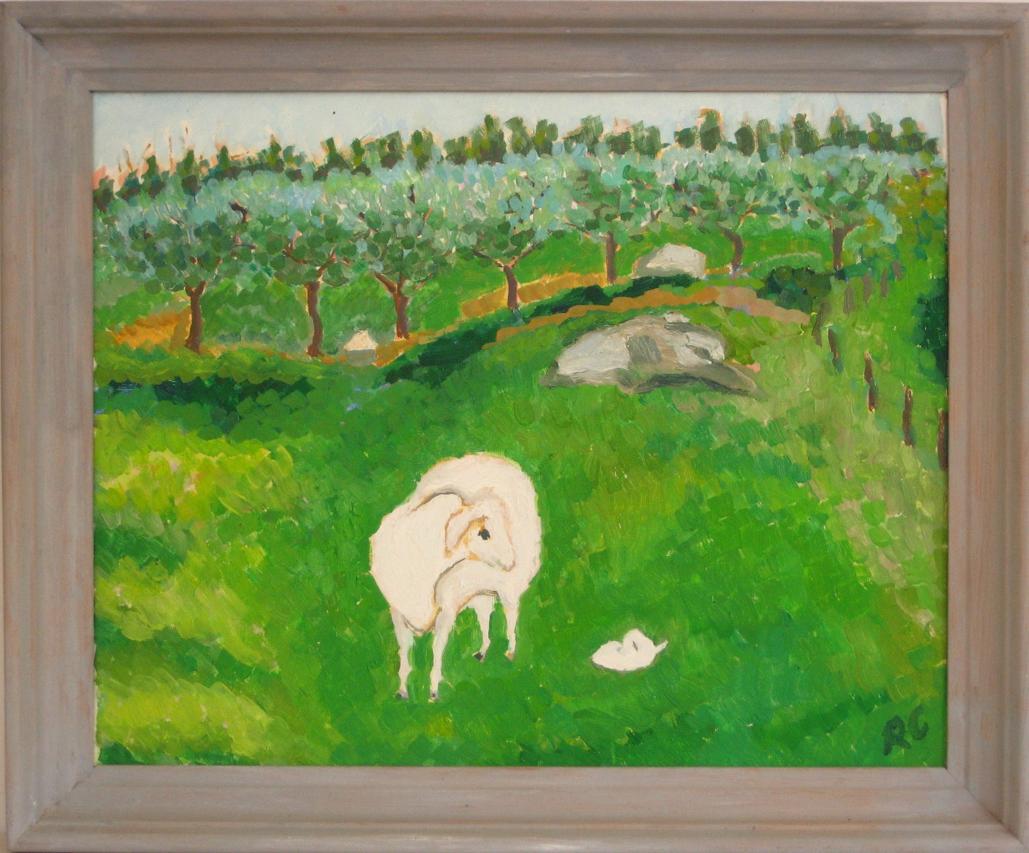 Farm Scene With A Ram<br>Mid Century Oil<br><br>#4966