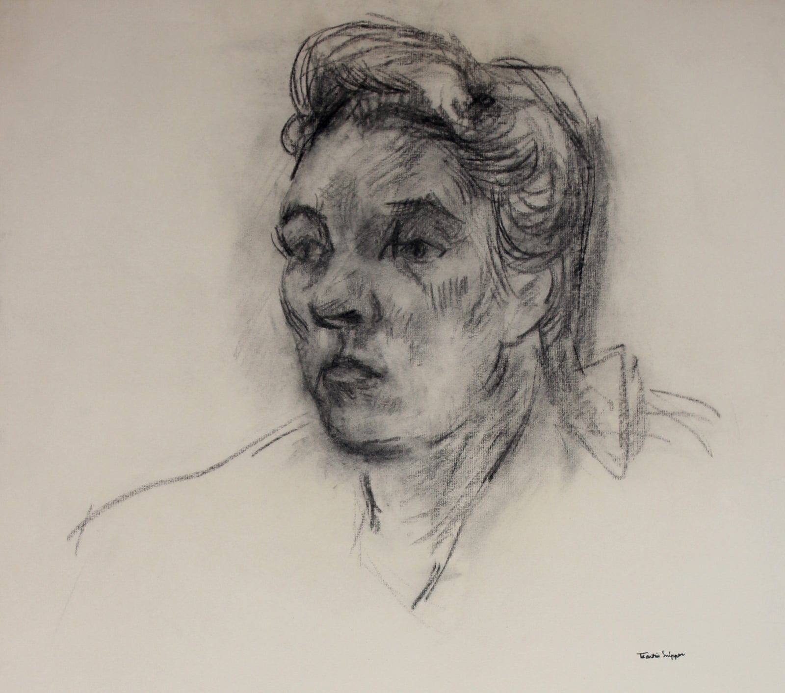 Thick Charcoal Portrait Drawing <br> Mid 20th Century <br><br>#49674