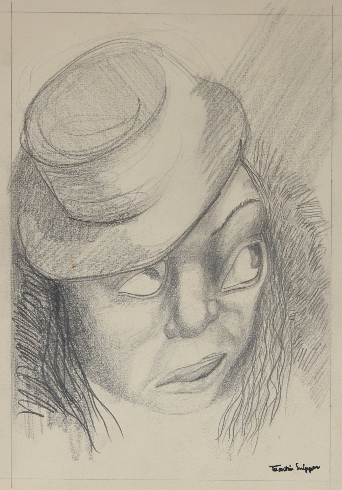 Man with a Top Hat Drawing&lt;br&gt; Mid 20th Century Graphite &lt;br&gt;&lt;br&gt;#49773