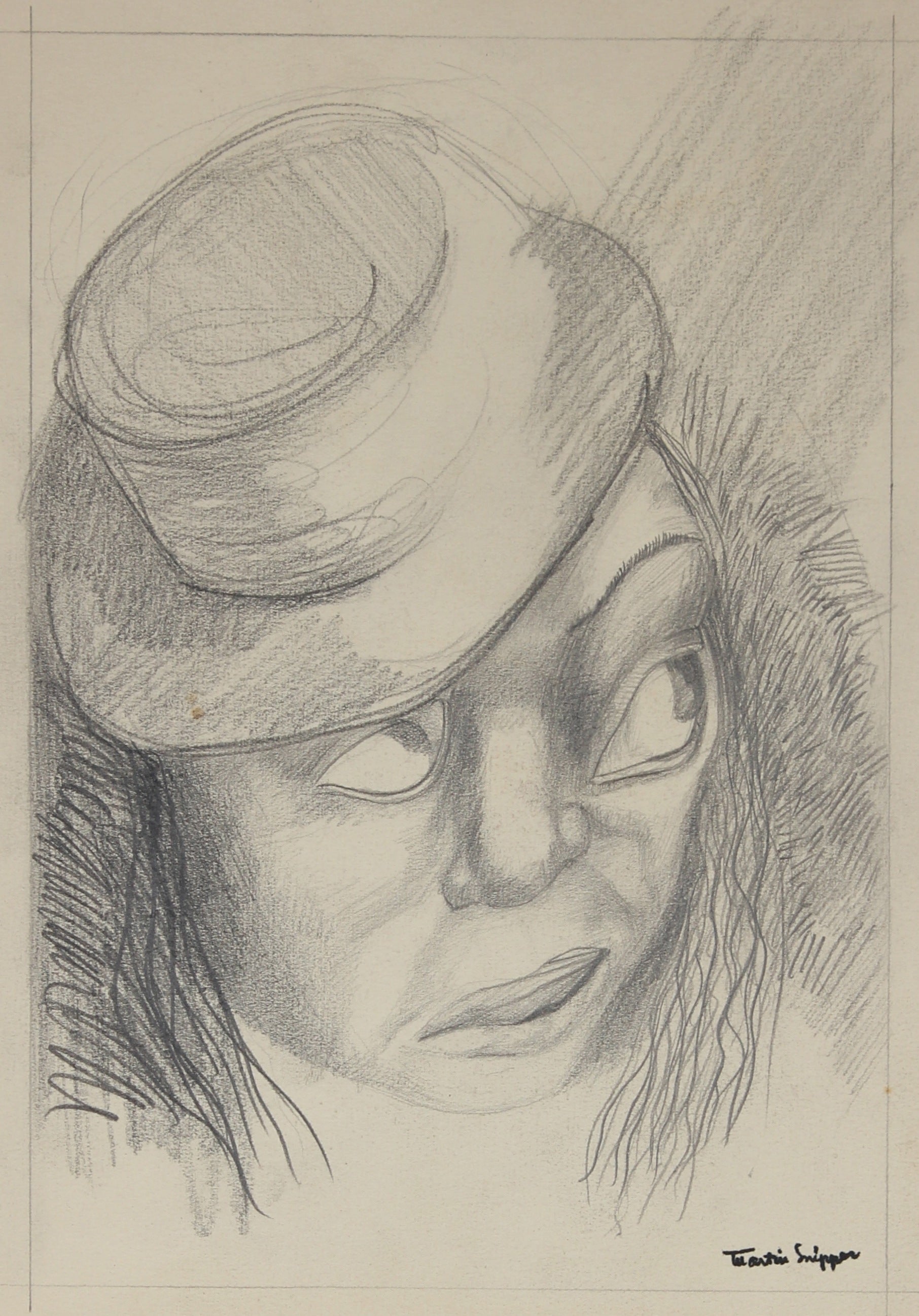 Man with a Top Hat Drawing<br> Mid 20th Century Graphite <br><br>#49773