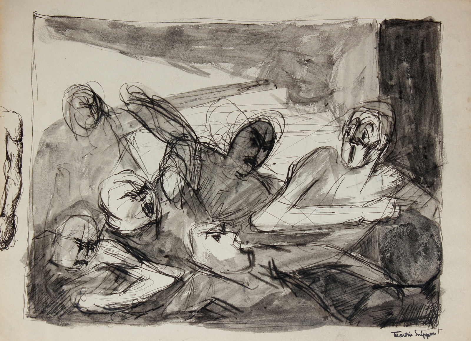 Multiple Figures in a Scene <br>Mid Century Ink Wash<br><br>#49816