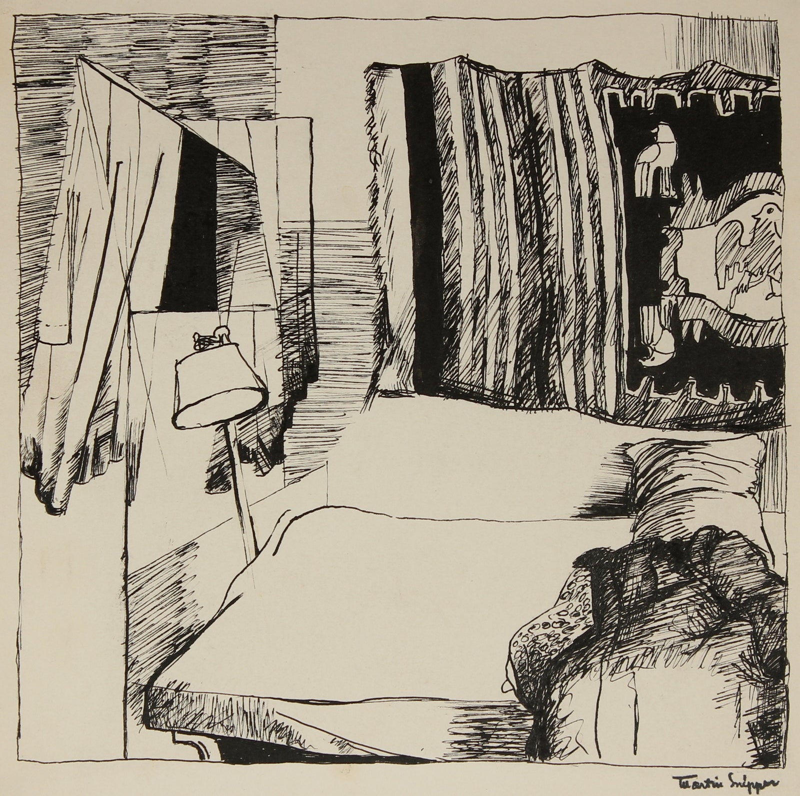 Interior Bedroom Scene <br>Mid Century Ink <br><br>#49817