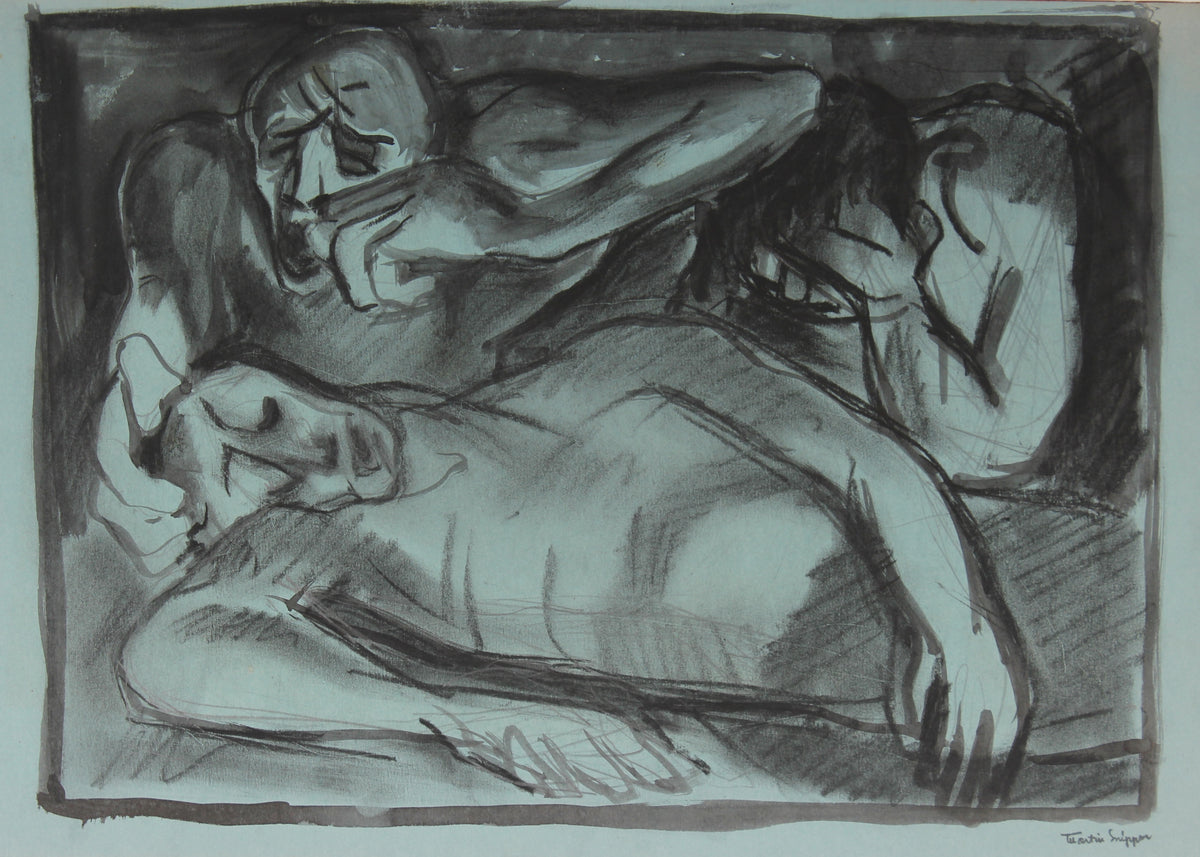 Multiple Figures in an Emotional Scene &lt;br&gt;Mid Century Ink and Charcoal&lt;br&gt;&lt;br&gt;#49856
