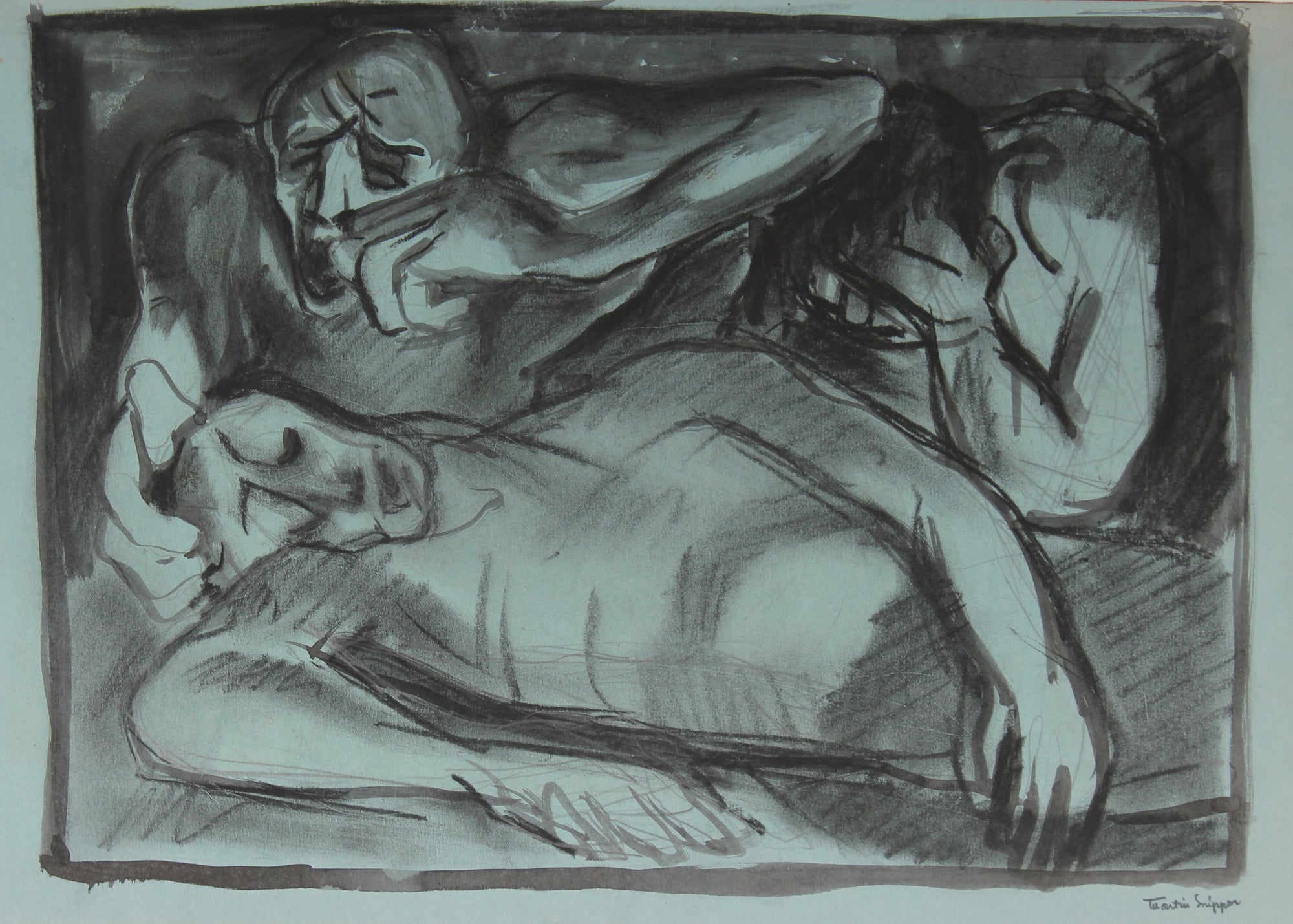 Multiple Figures in an Emotional Scene <br>Mid Century Ink and Charcoal<br><br>#49856