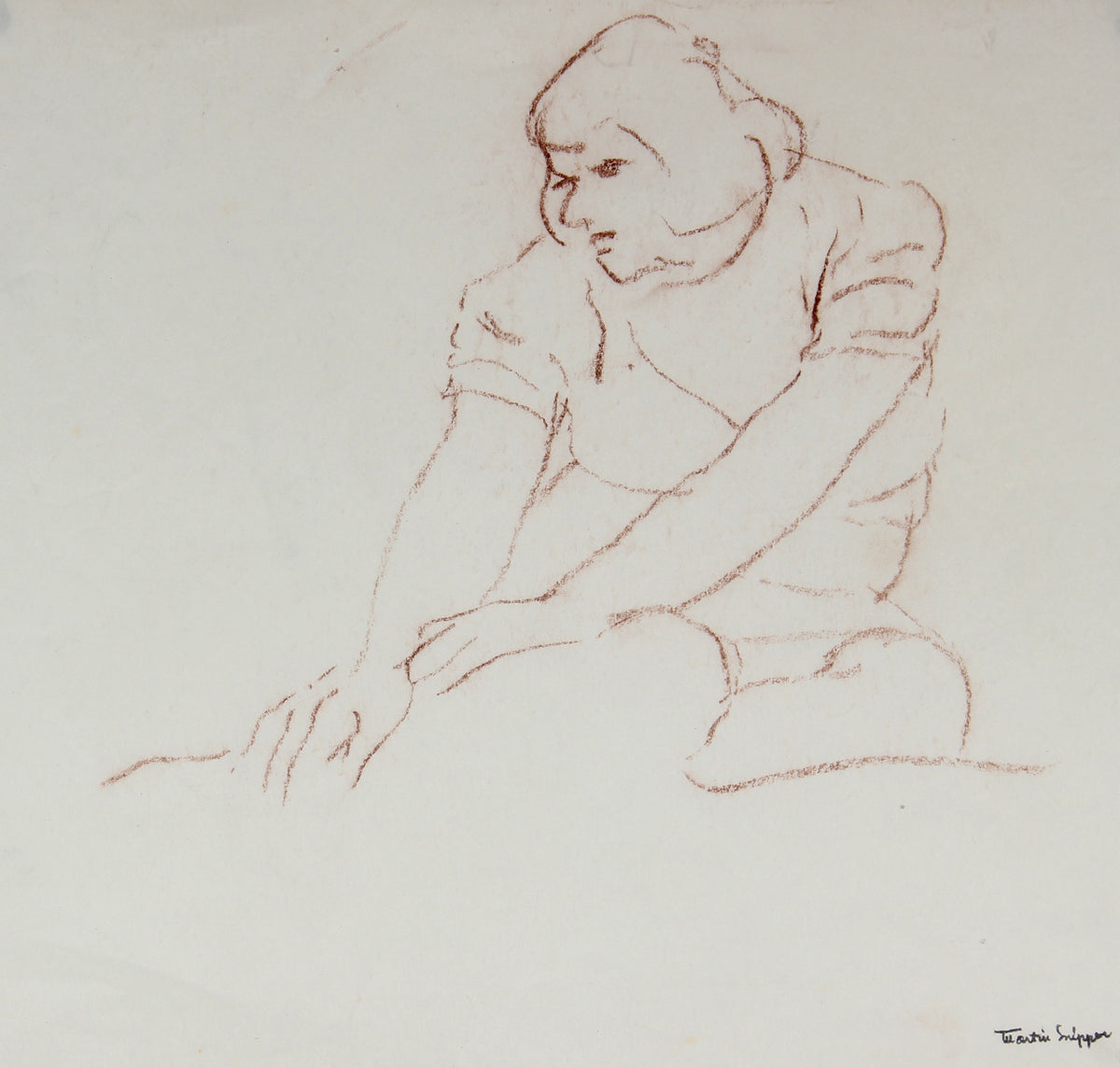 Charcoal Drawing of Seated Woman &lt;br&gt; Mid 20th Century &lt;br&gt;&lt;br&gt;#49888