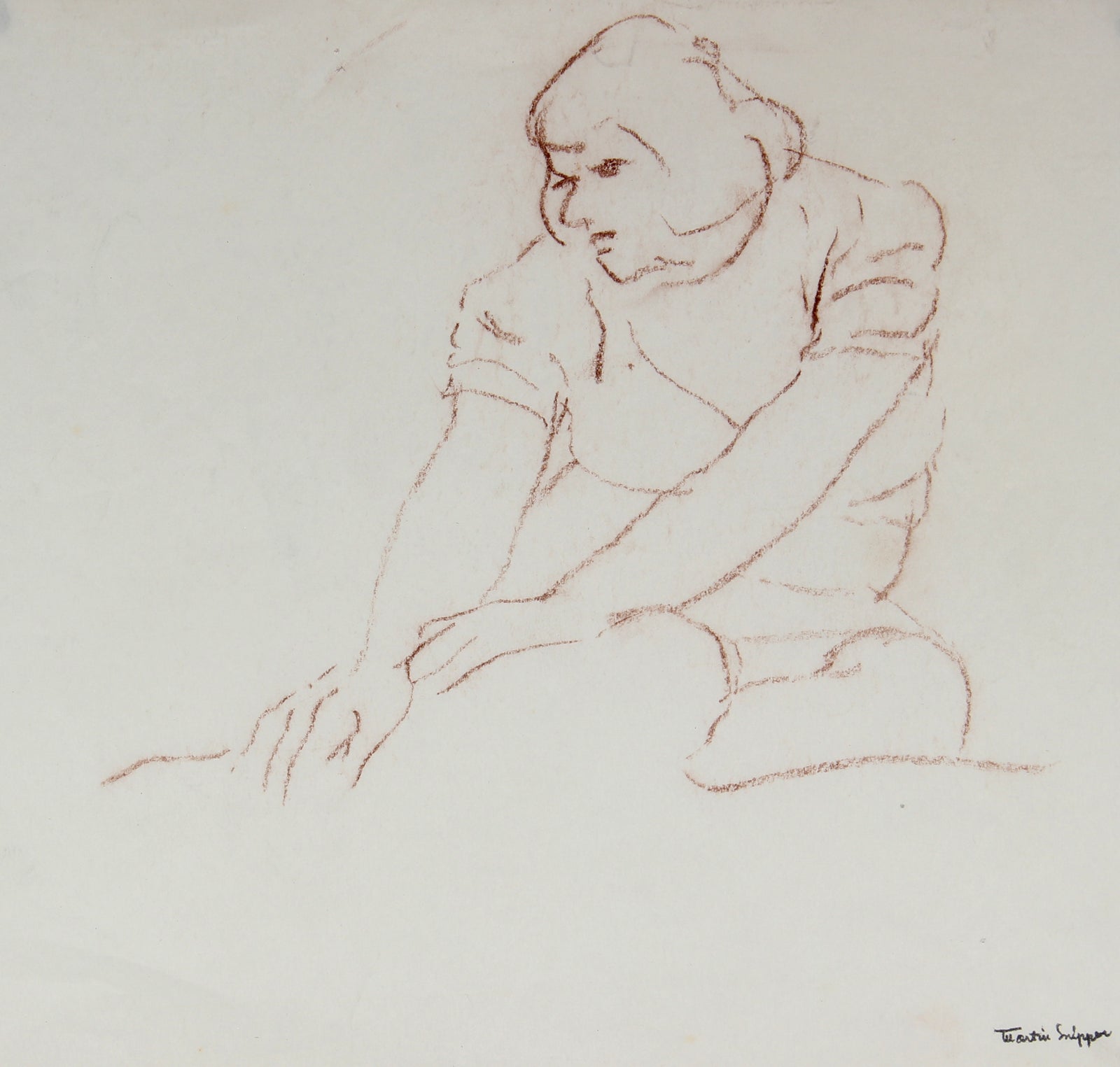 Charcoal Drawing of Seated Woman <br> Mid 20th Century <br><br>#49888