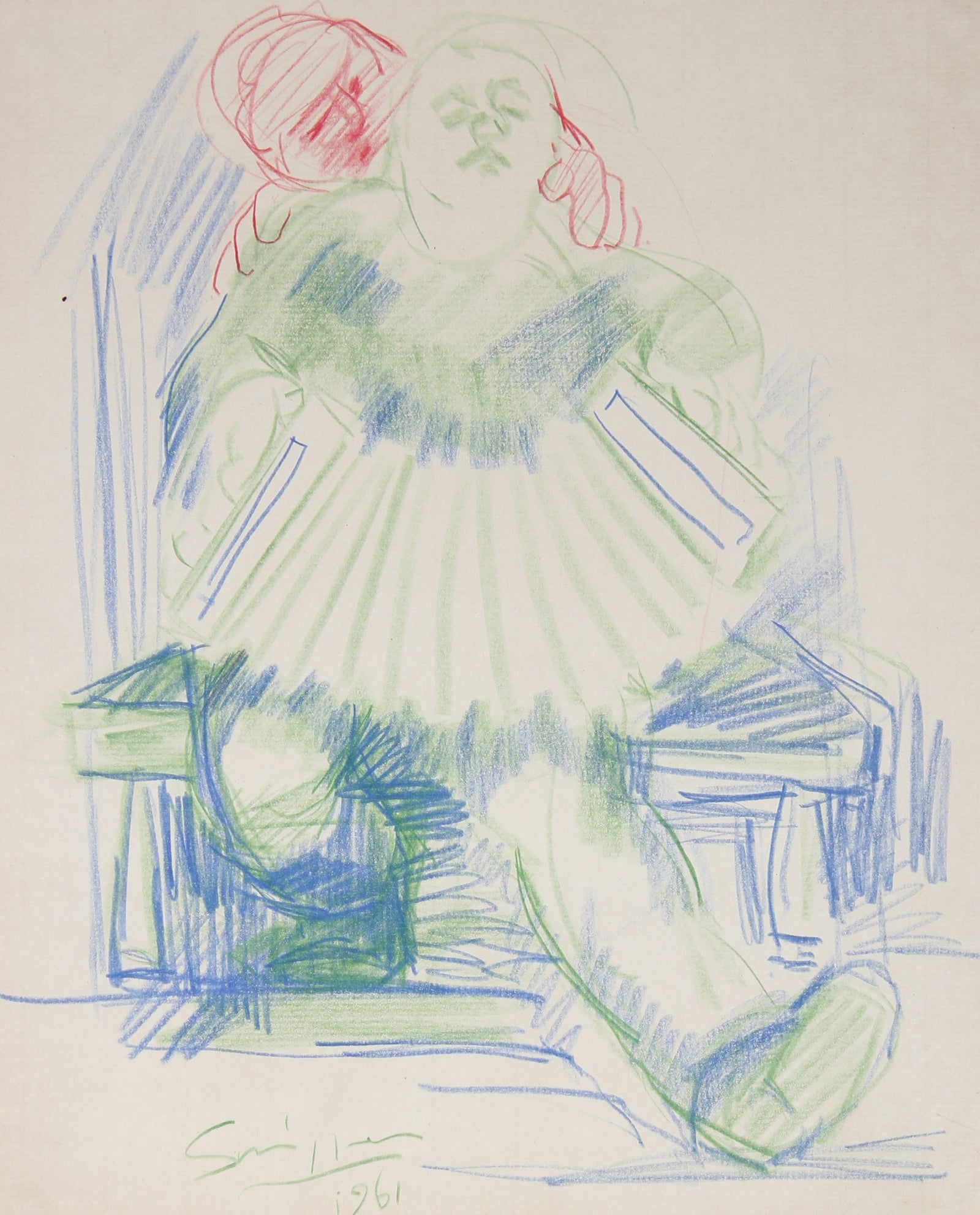 Colored Pencil Drawing of Two Figures <br> 1960s<br><br>#49898