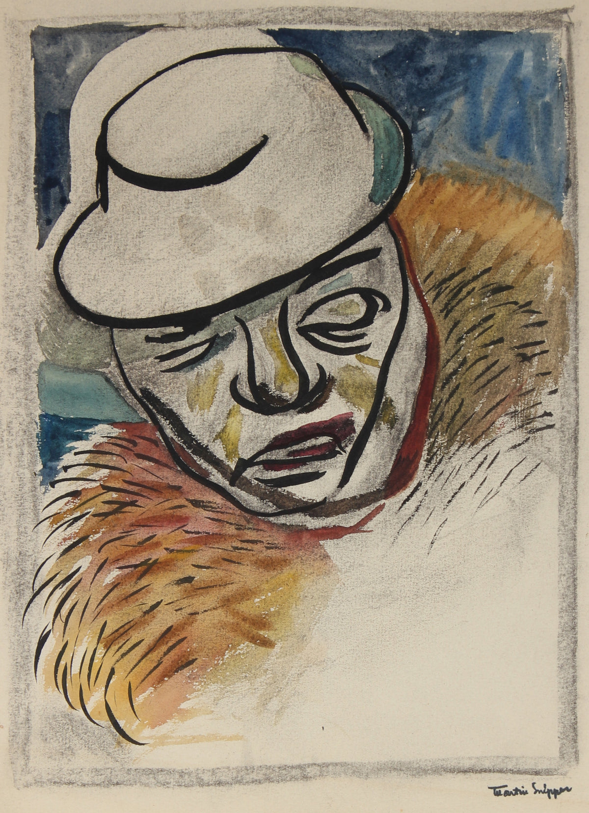 Figure In A Hat &lt;br&gt;Mid Century Watercolor &amp; Charcoal &lt;br&gt;&lt;br&gt;#49902