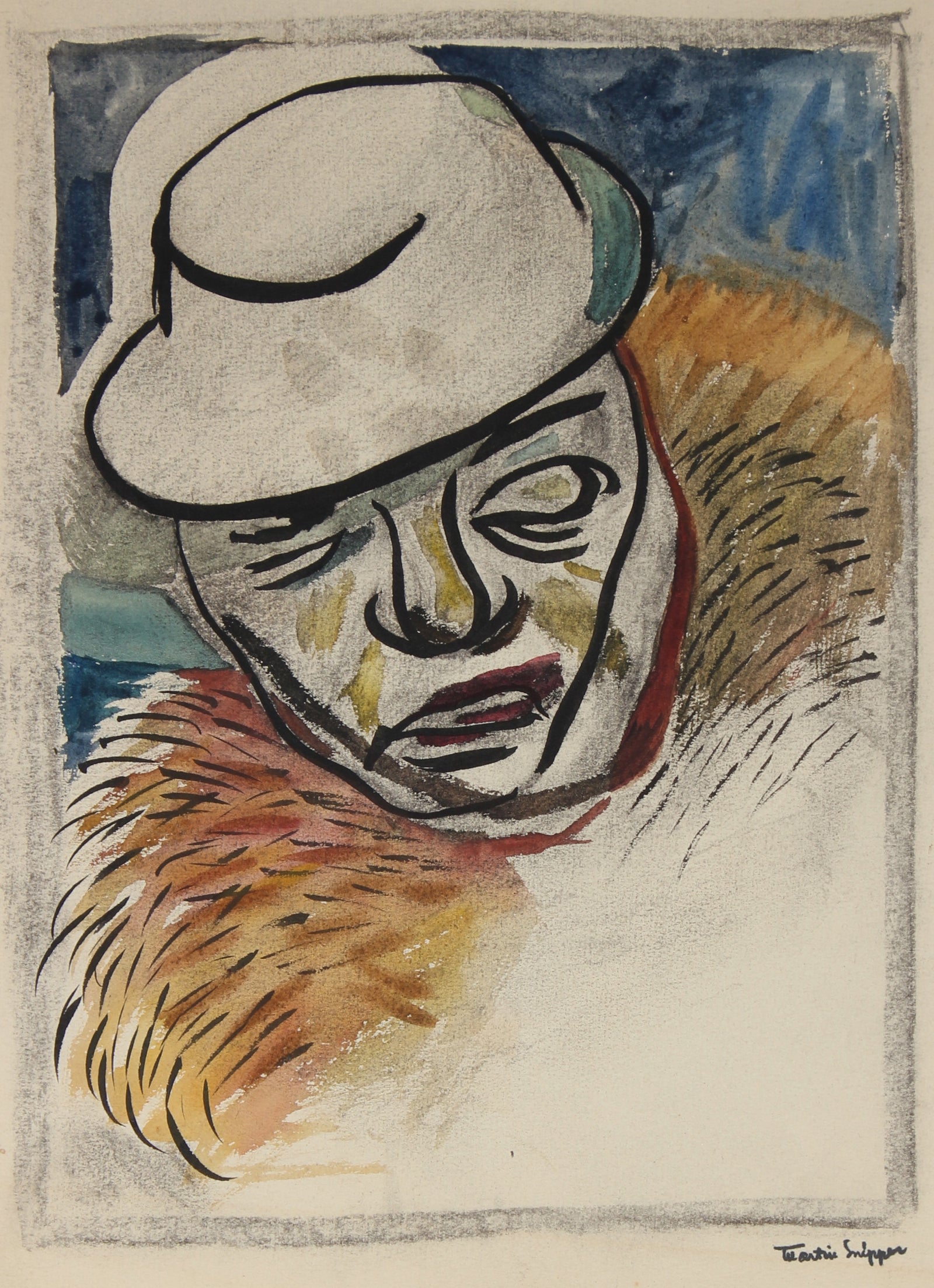 Figure In A Hat <br>Mid Century Watercolor & Charcoal <br><br>#49902