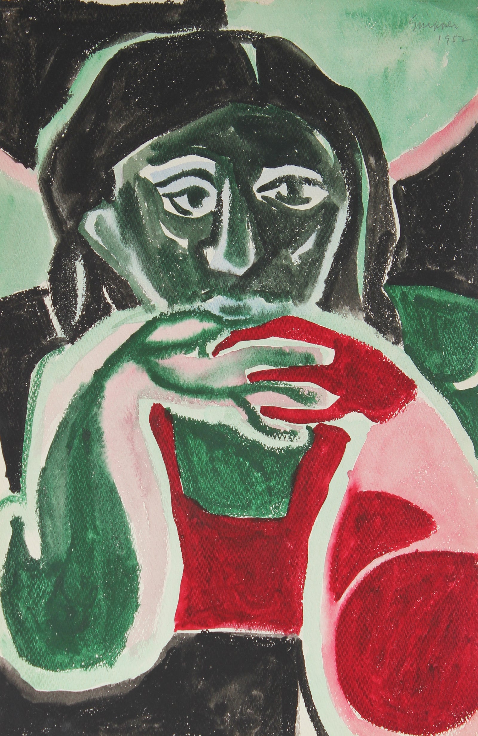 Contemplative Figure<br>Mid Century Watercolor<br><br>#49907