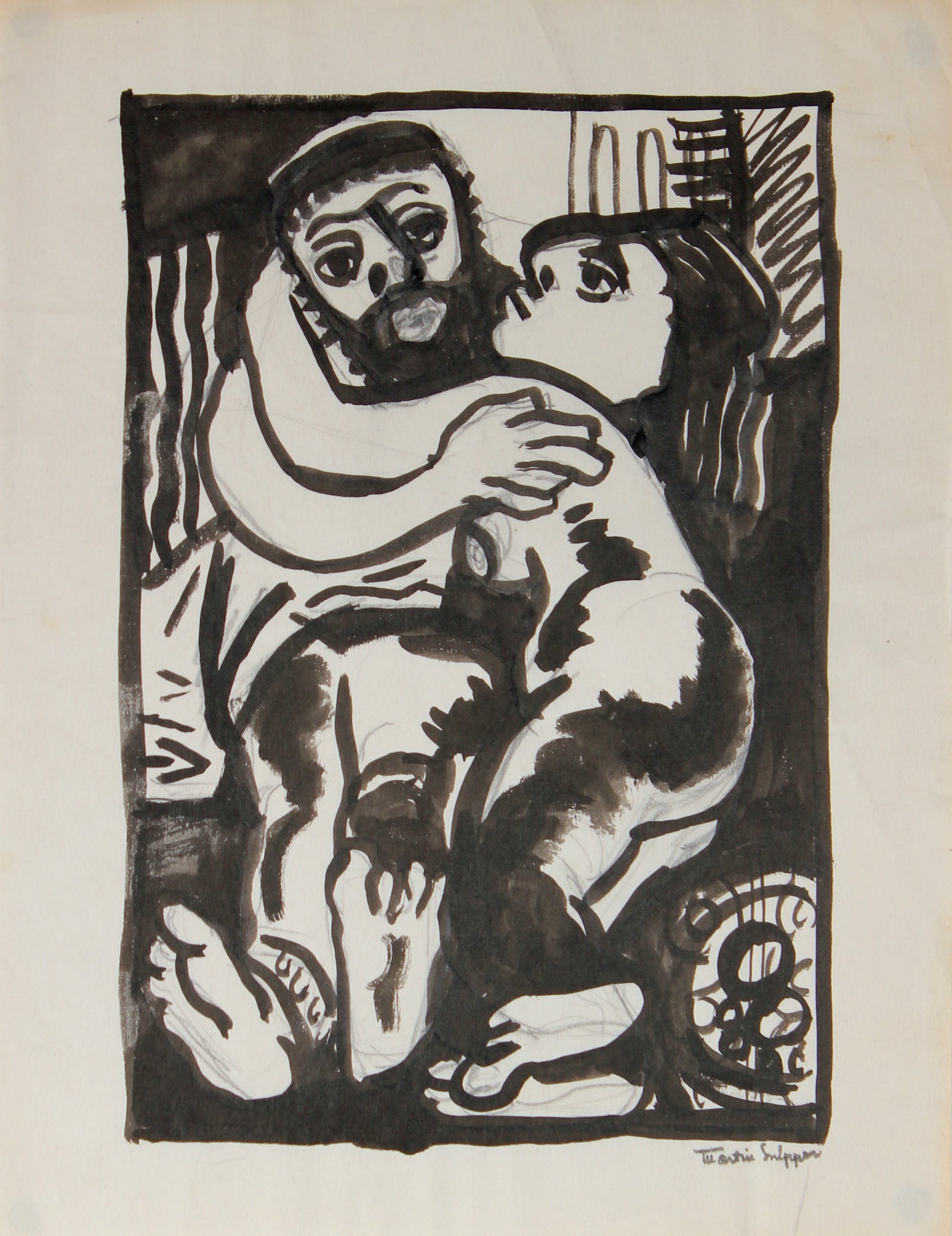 Two Embracing Figures <br>Mid Century Ink & Graphite<br><br>#49951