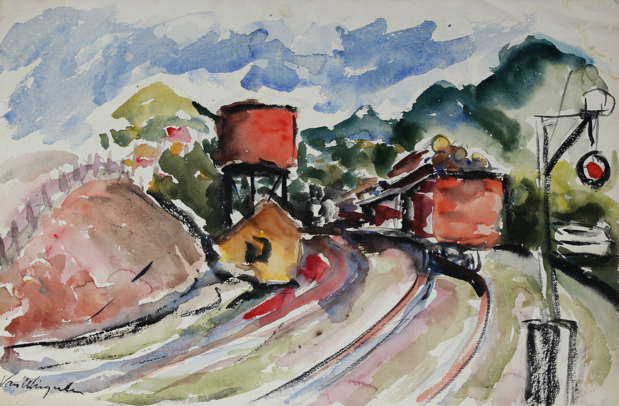 California Traintracks<br>1940-50s Expressionist Watercolor<br><br>#4682