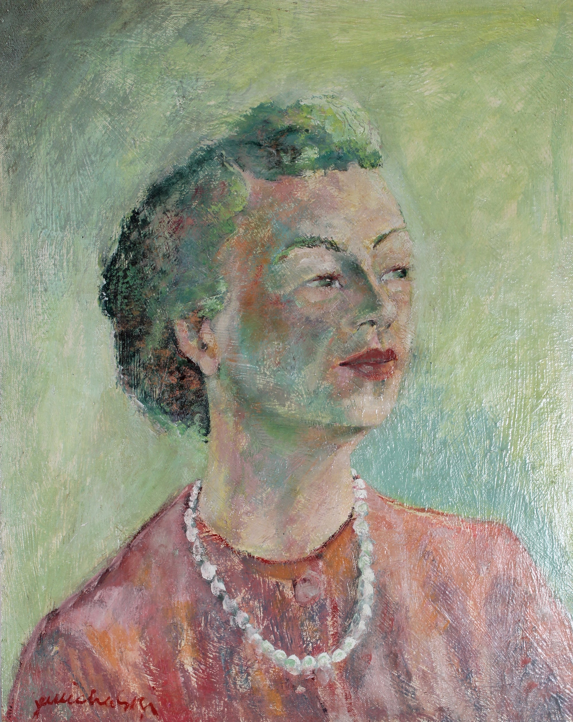 Portrait of a Woman in Pearls <br>20th Century Oil <br><br>#50123