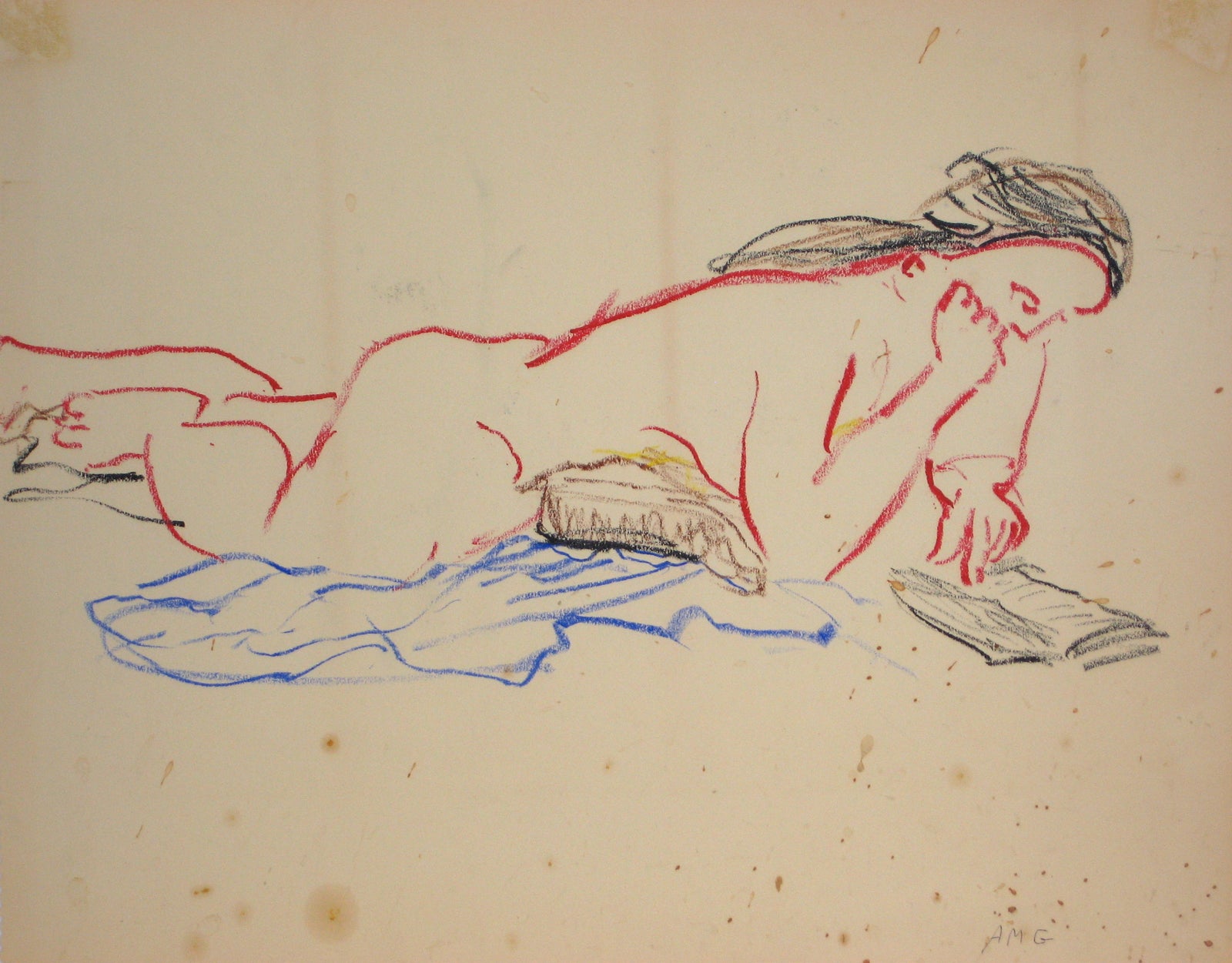Nude Reading<br>Oil Pastel, 1950-60s<br><br>#15152
