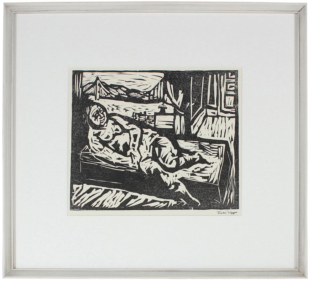 Mid Century Modern Linoleum Block Figure Scene<br>Posthumous Print<br><br>#48728
