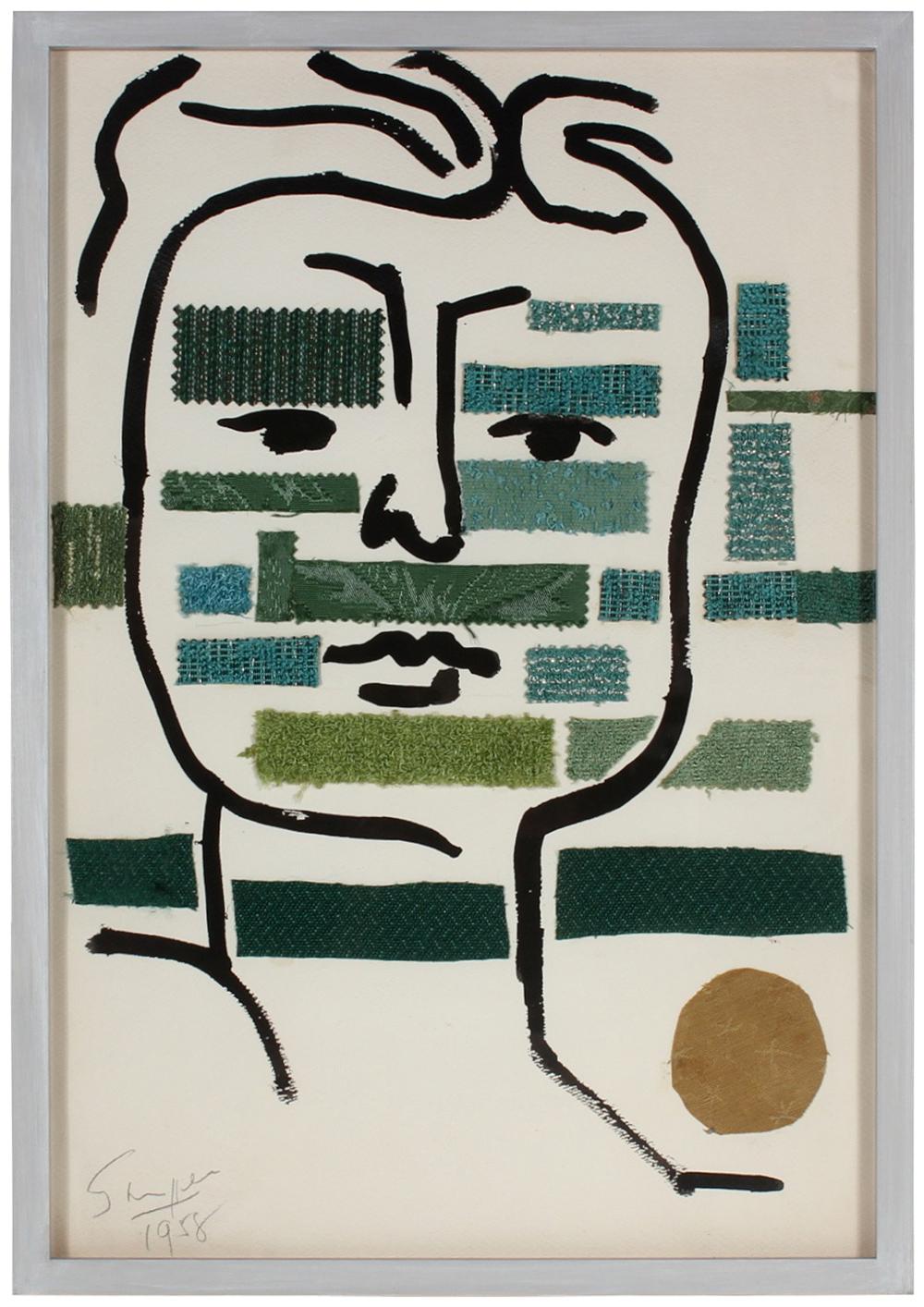 Modernist Portrait in Fabric&lt;br&gt;1958 Green Fabric &amp; Watercolor&lt;br&gt;&lt;br&gt;#48677