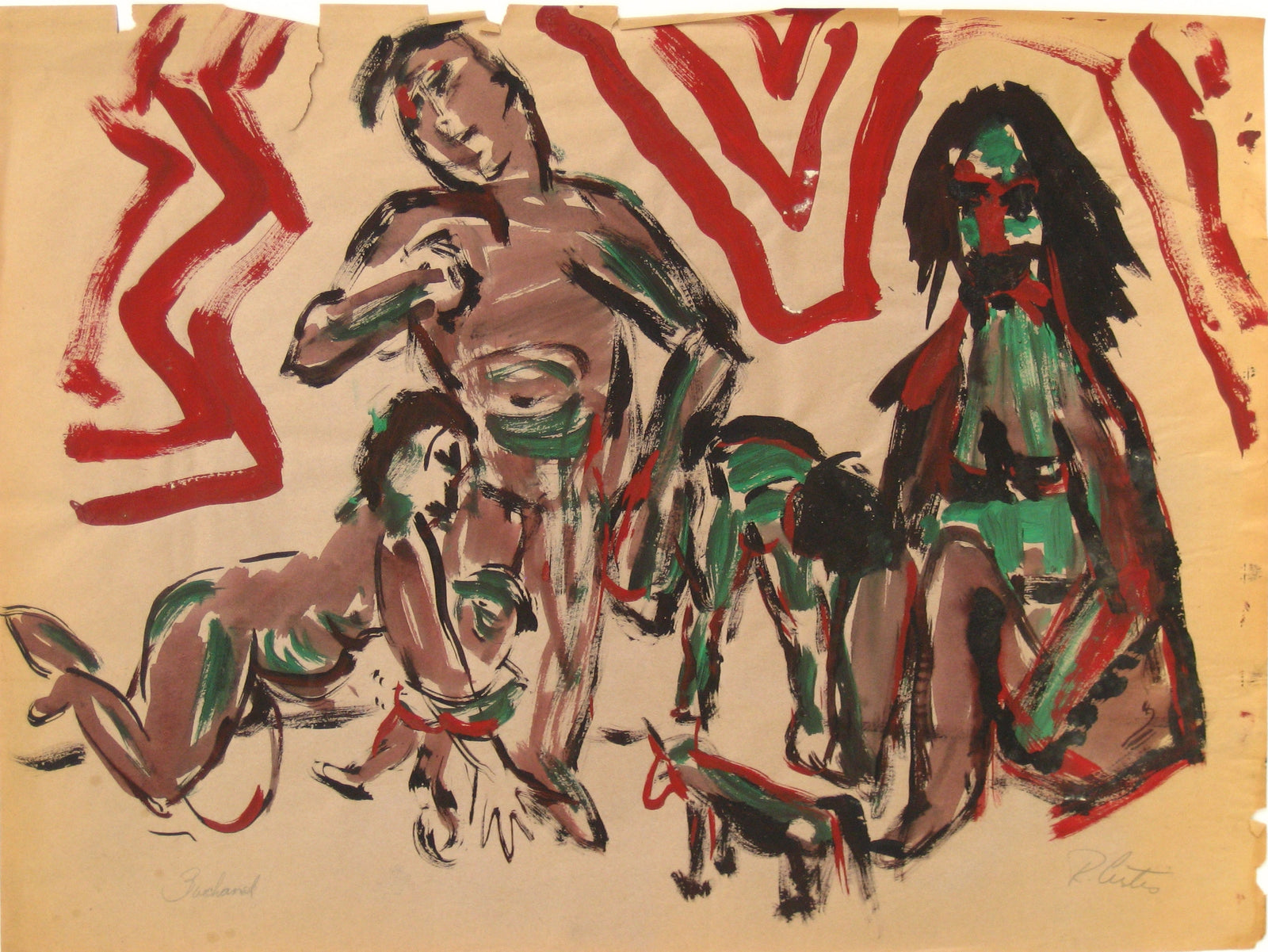 Expressionistic Figurative Scene<br>Mid Century Acrylic<br><br>#5369