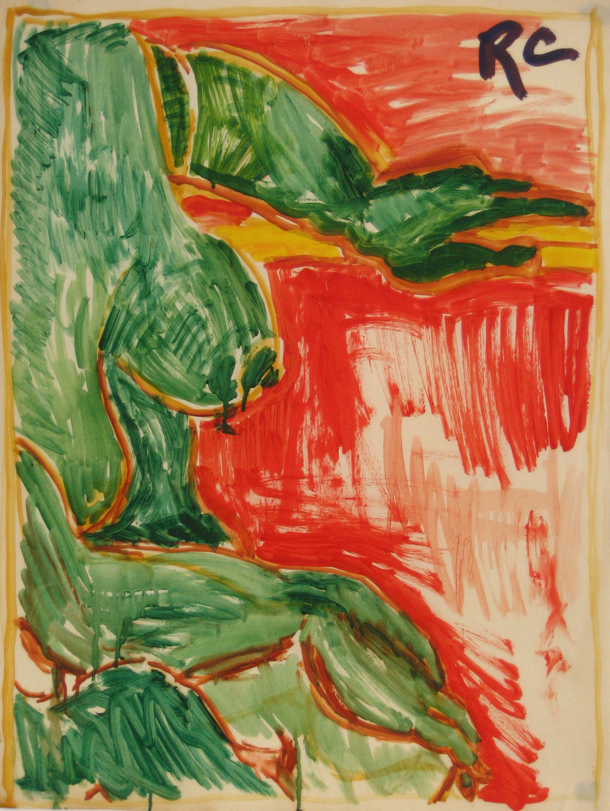 Abstracted Figure Study in Red & Green<br>Mid Century Oil<br><br>#5373