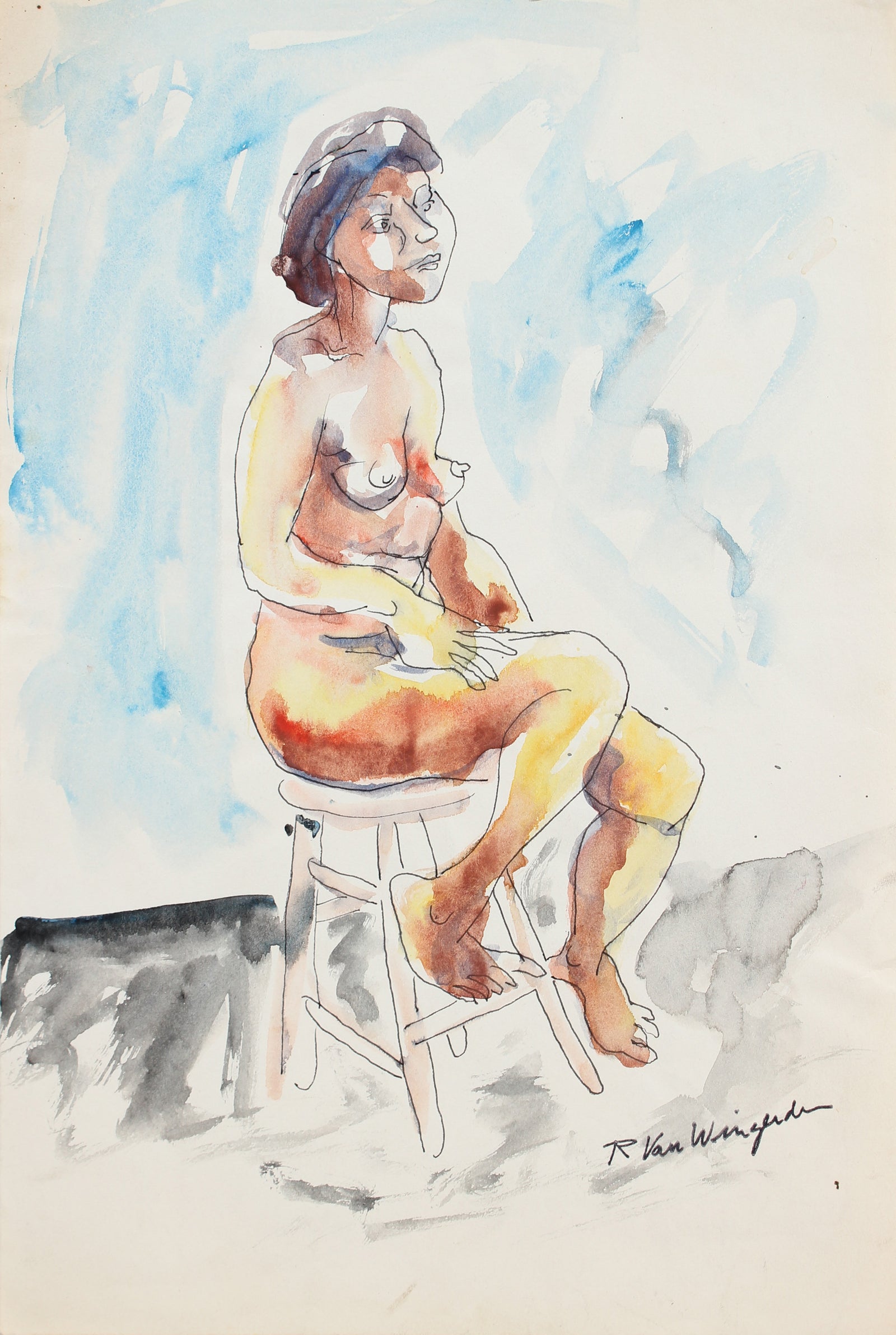 Expressionist Nude Figure<br>Mid 20th Century Watercolor<br><br>#5421