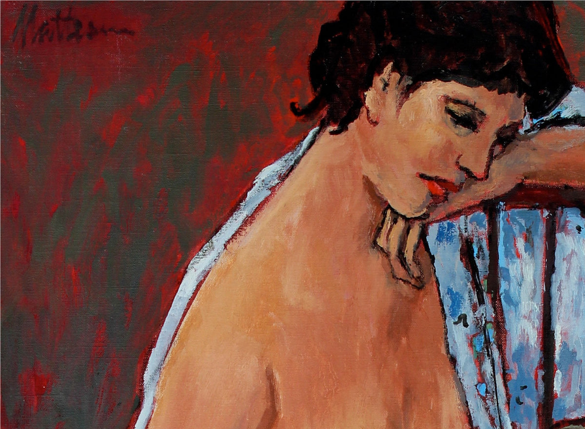 Contemplative Modernist Seated Female Nude <br>20th Century Oil <br><br>#54535