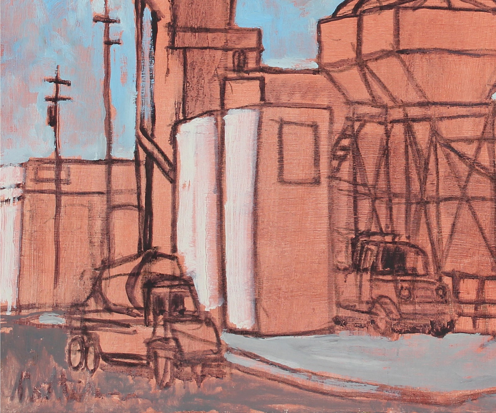 Industrial Cityscape in Red <br>Late 20th Century Oil <br><br>#56505