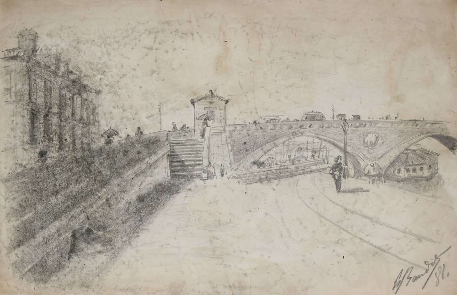 Monochromatic Parisian Scene<br>19th century Graphite<br><br>#9848