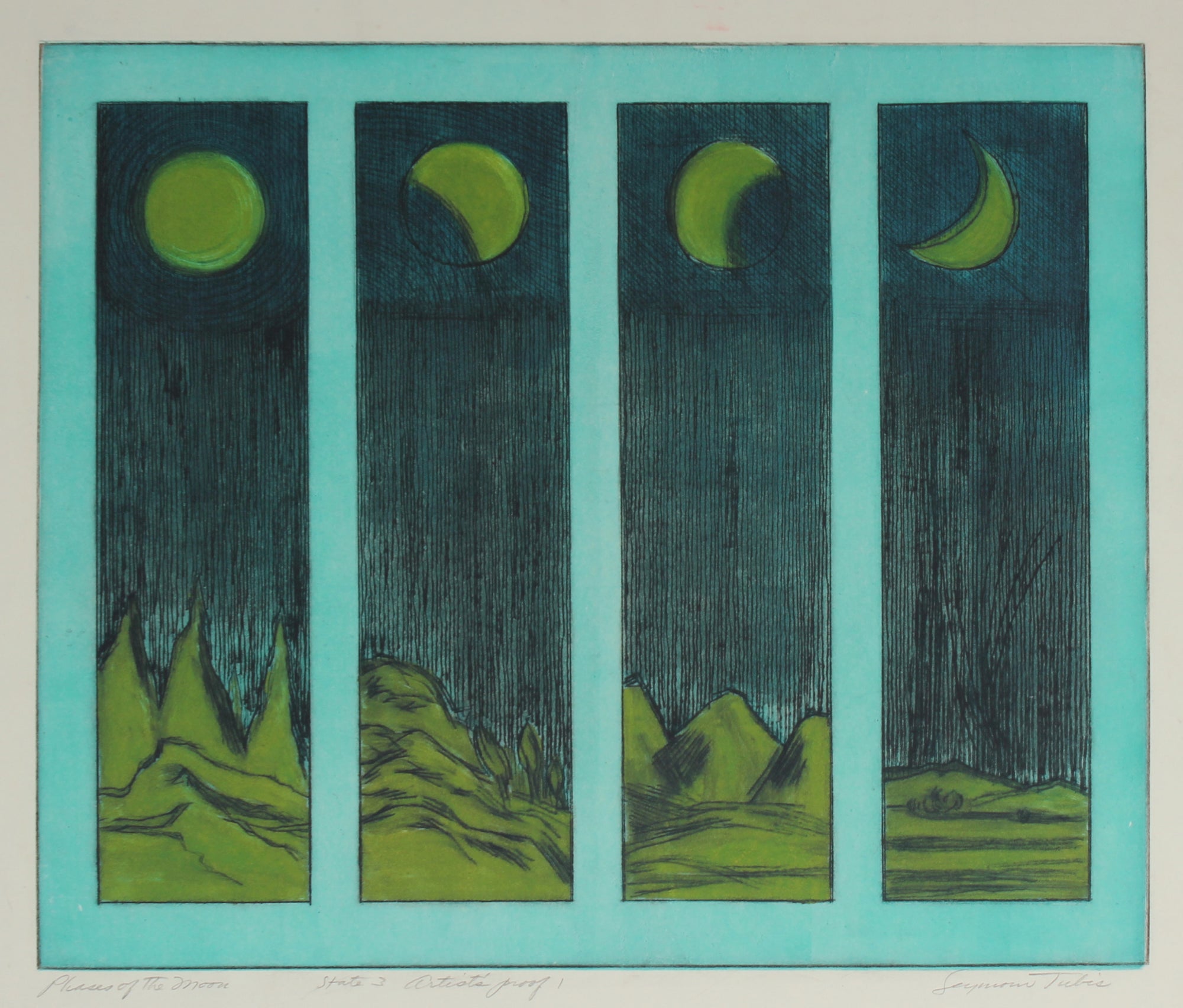 <i>Phases of the Moon</i> <br>Mid Century Colored Etching <br><br>#59168
