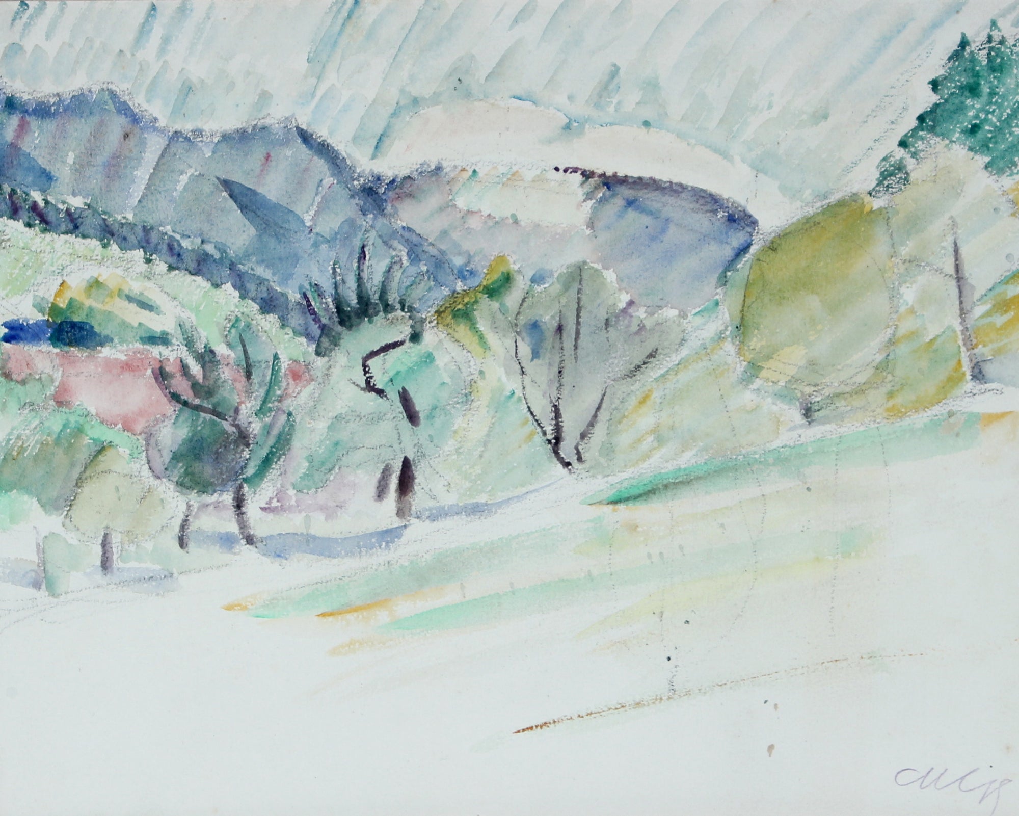 <i>Landscape</i> <br>Early 20th Century Watercolor & Charcoal <br><br>#60097