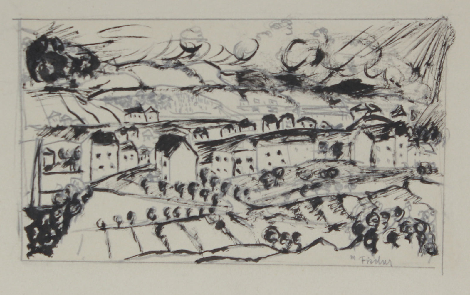 Abstracted Secessionist Landscape<br>1920s Ink & Graphite<br><br>#60101
