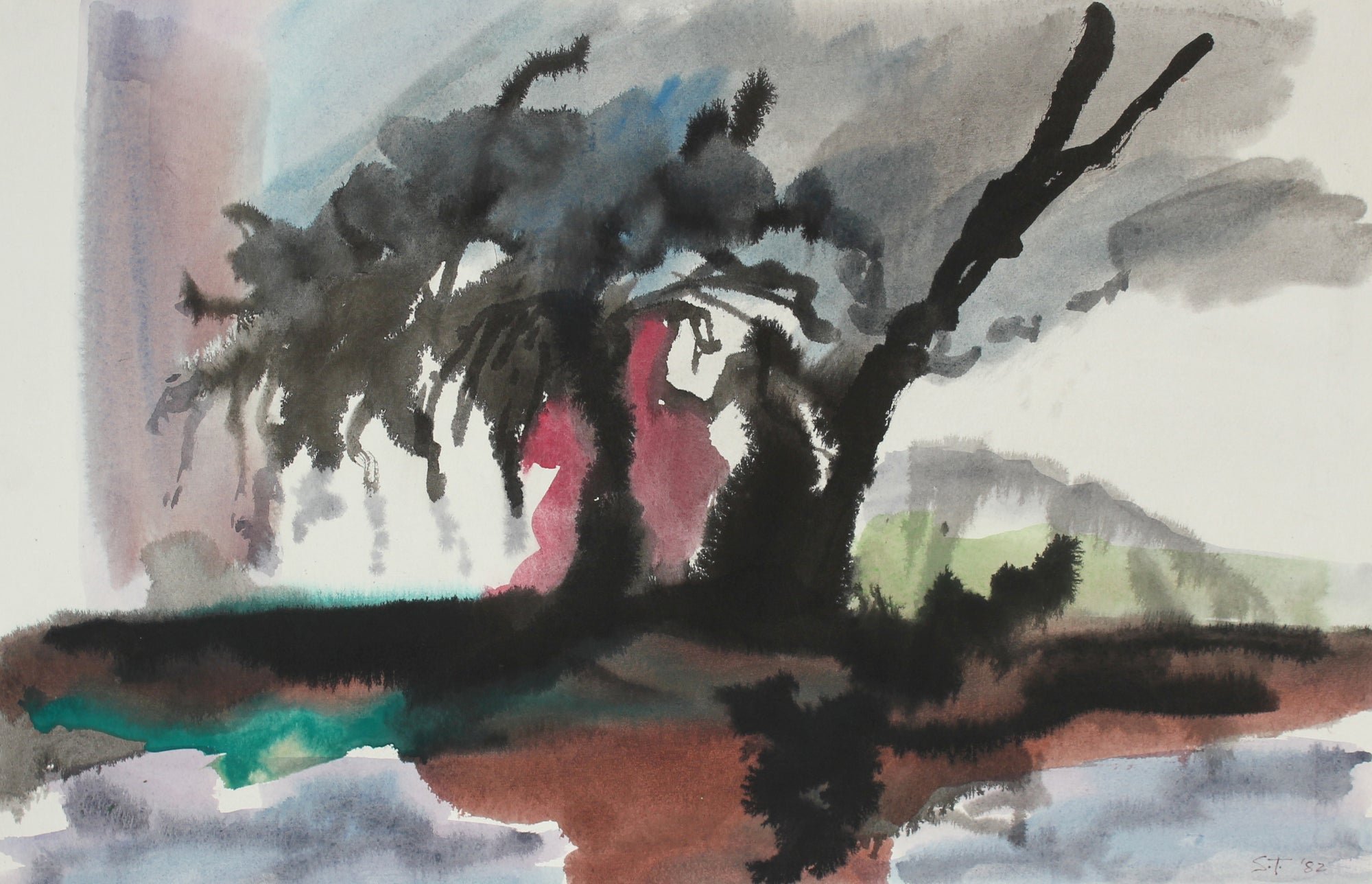 Expressionist Landscape <br>1982 Ink and Watercolor<br><br>#60356