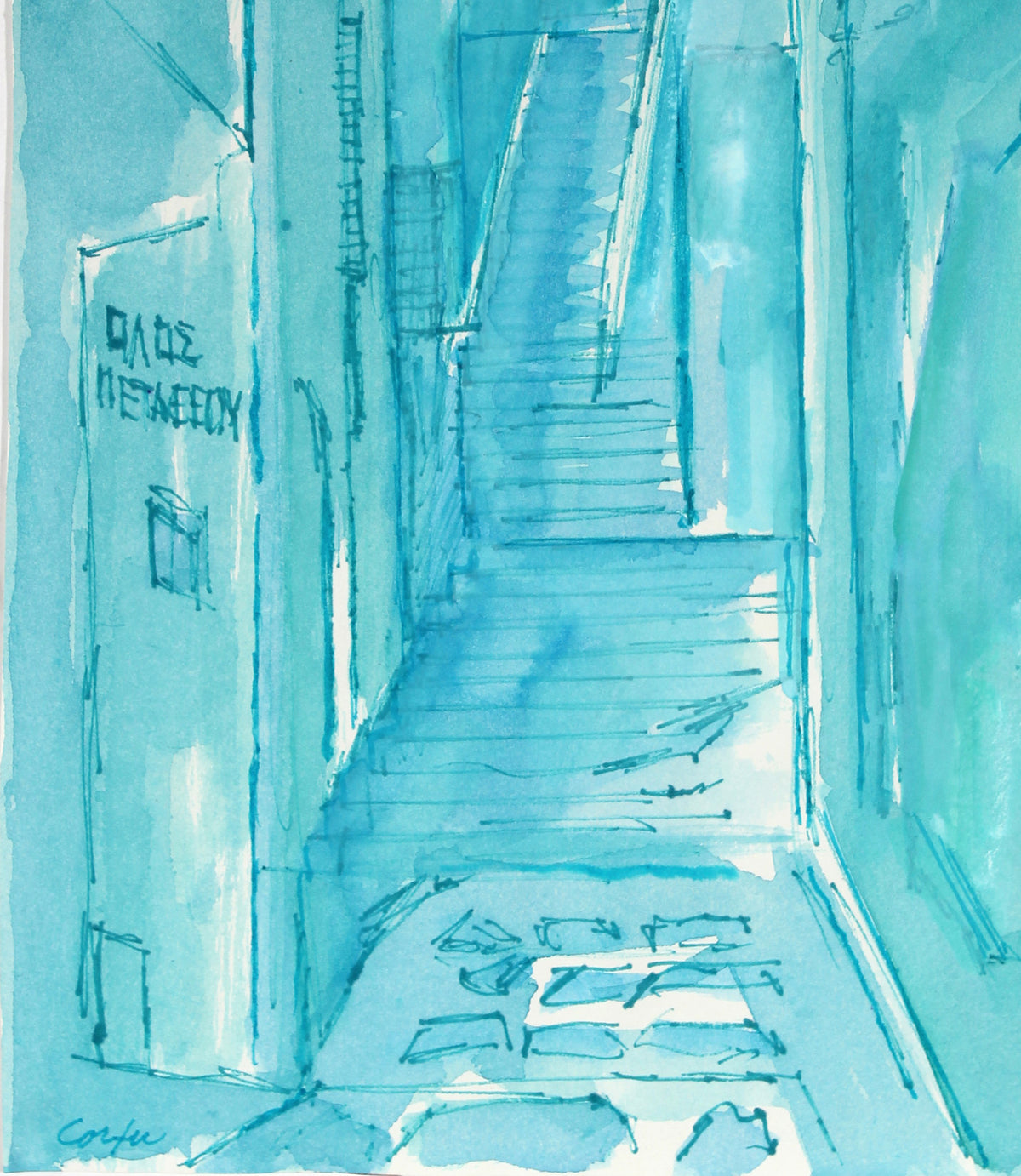 <i>Street in Corfu</i> <br>1984 Ink on Paper in Blue <br><br>#60933