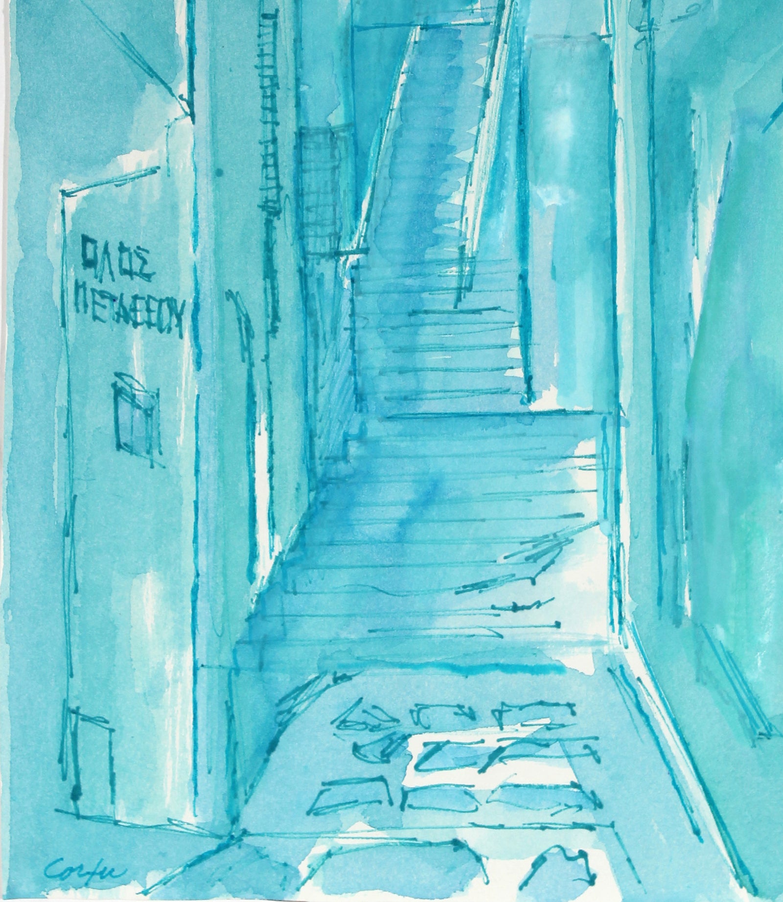 <i>Street in Corfu</i> <br>1984 Ink on Paper in Blue <br><br>#60933