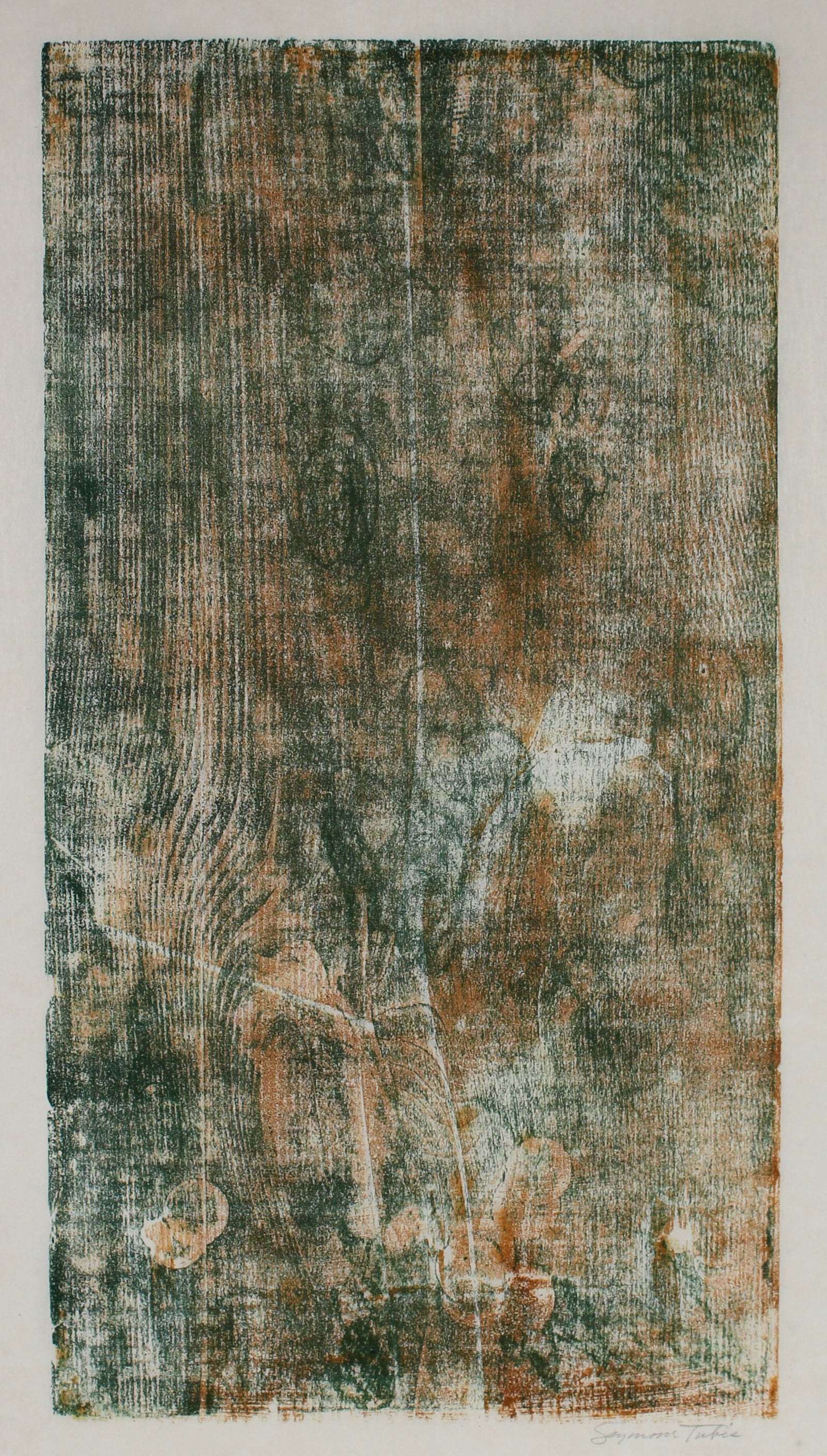 Hectic Green & Brown Abstract <br>Mid 20th Century Woodcut <br><br>#61008