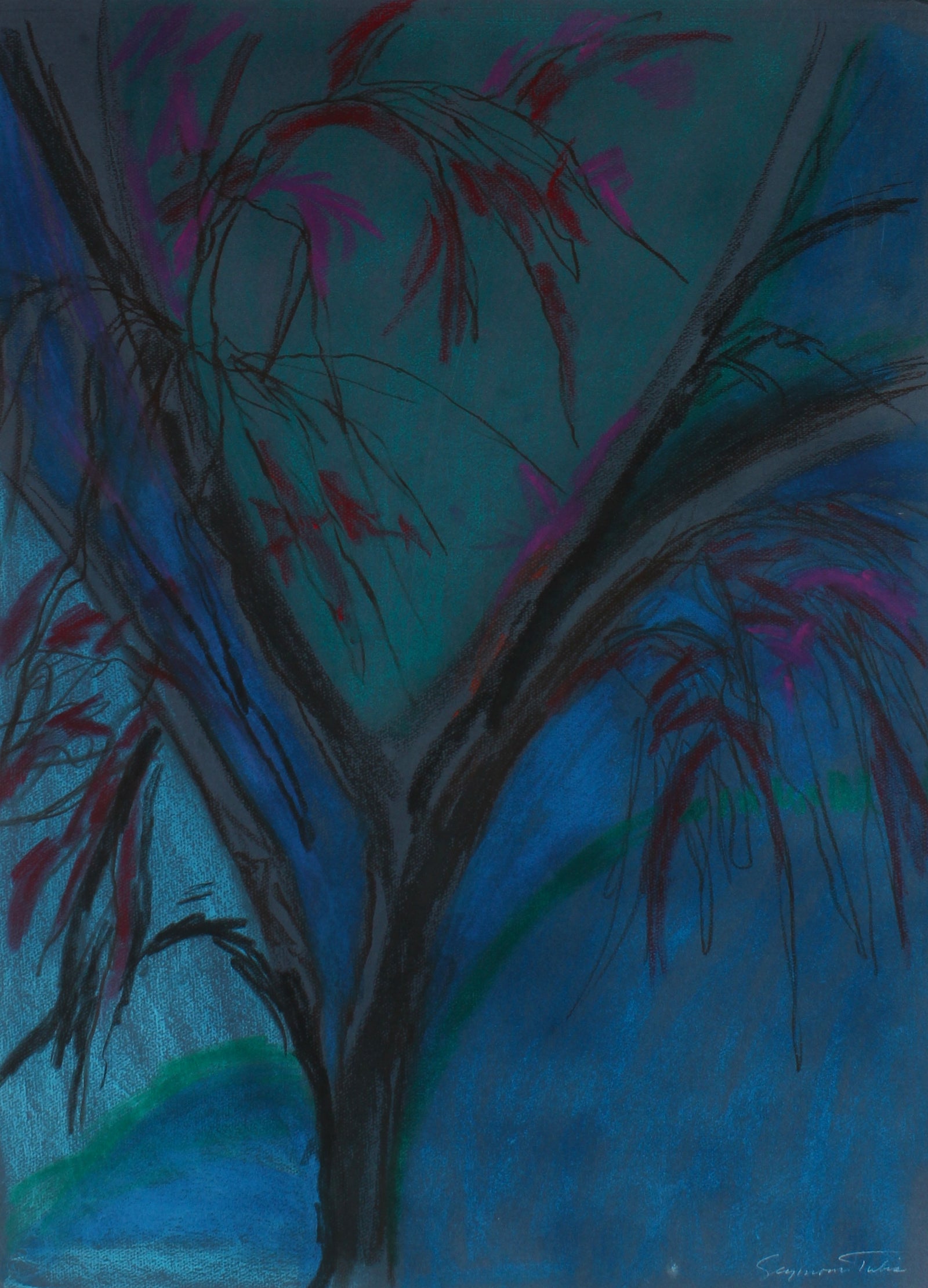 Expressive Tree & Dark Sky <br>Late 20th Century Pastel <br><br>#61659