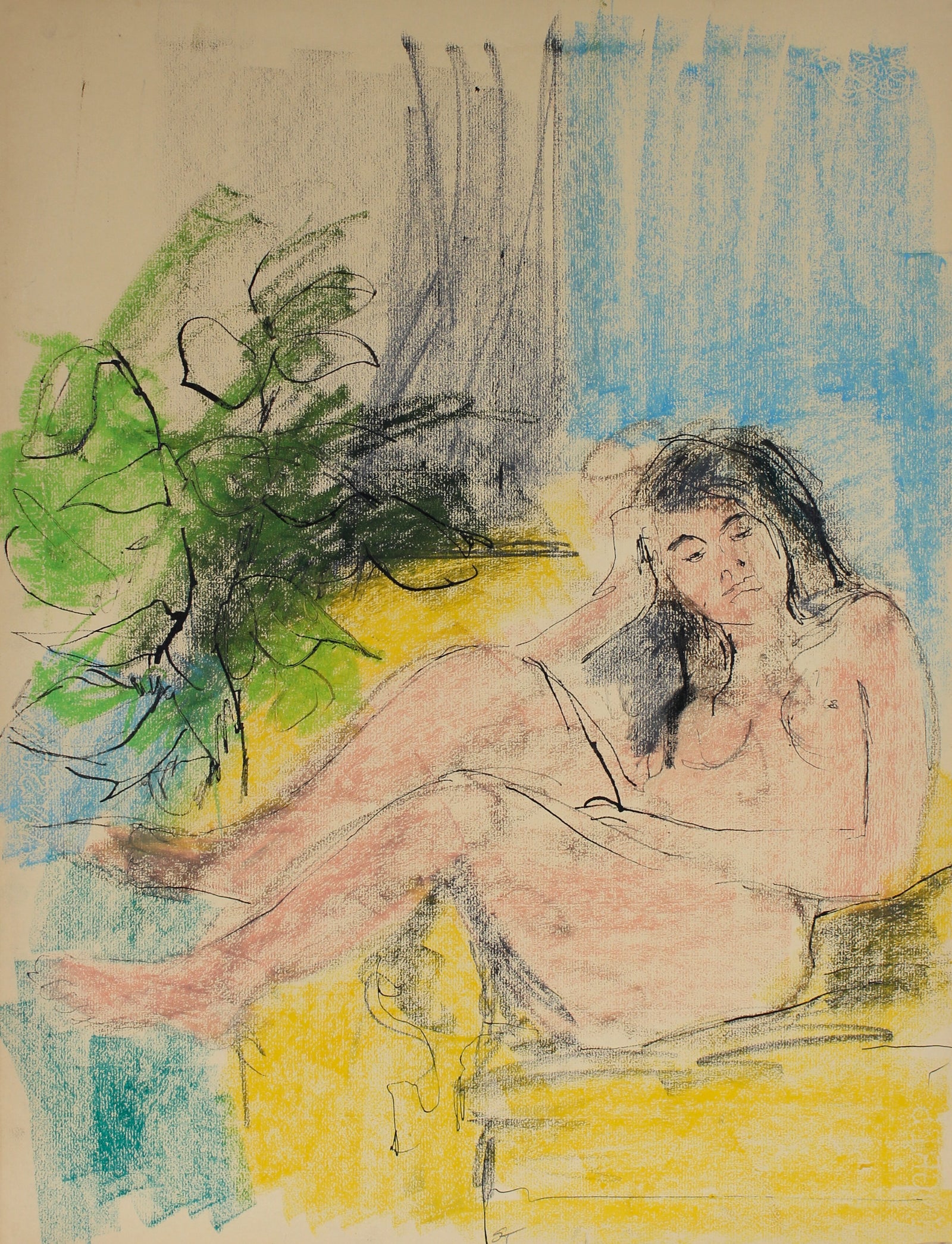 Seated Expressionist Nude Female Figure <br>20th Century Pastel and Ink <br><br>#61725