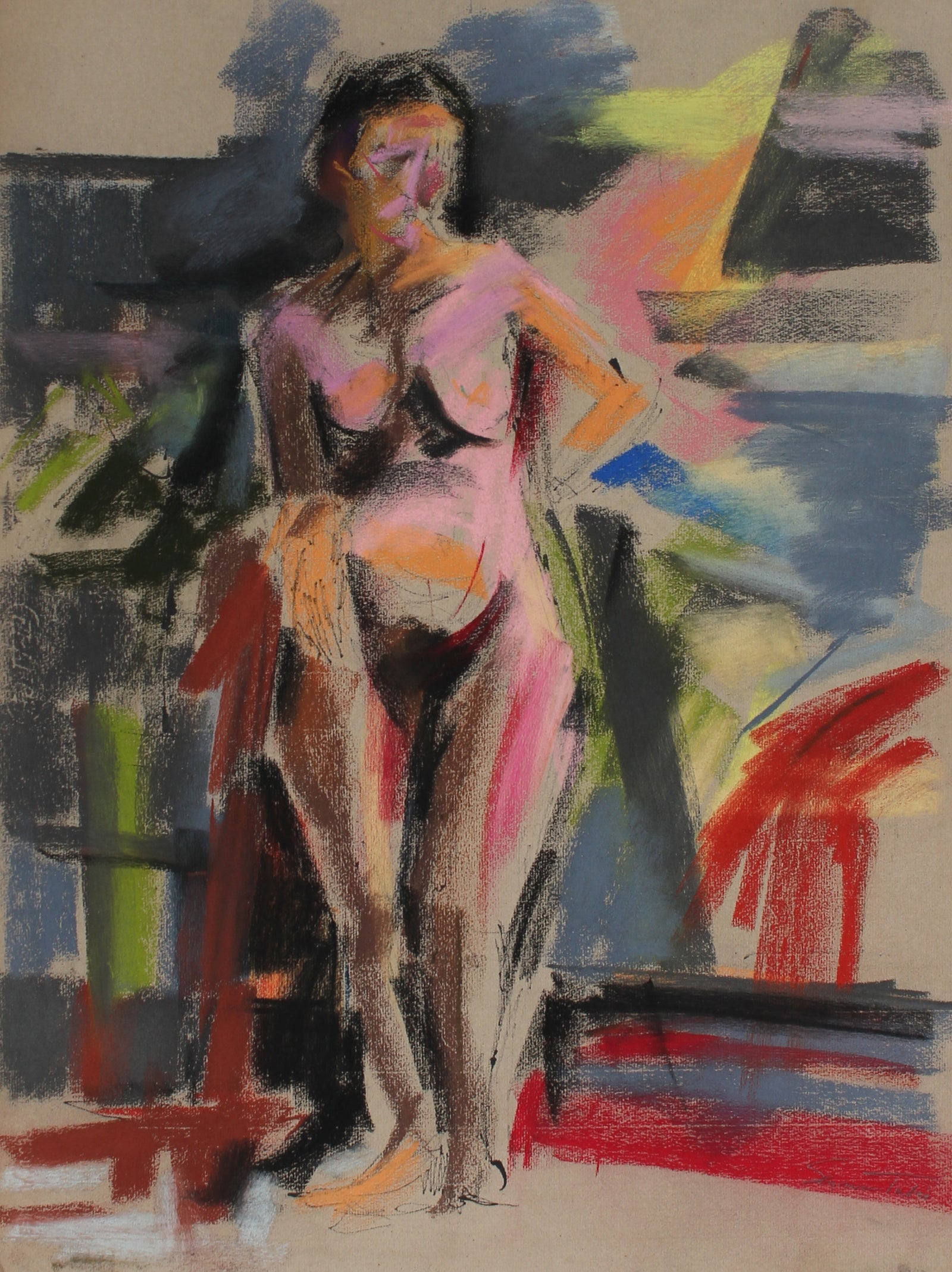 Expressionist Female Nude<br>Mid-Late 20th Century Ink, Charcoal & Pastel<br><br>#61727