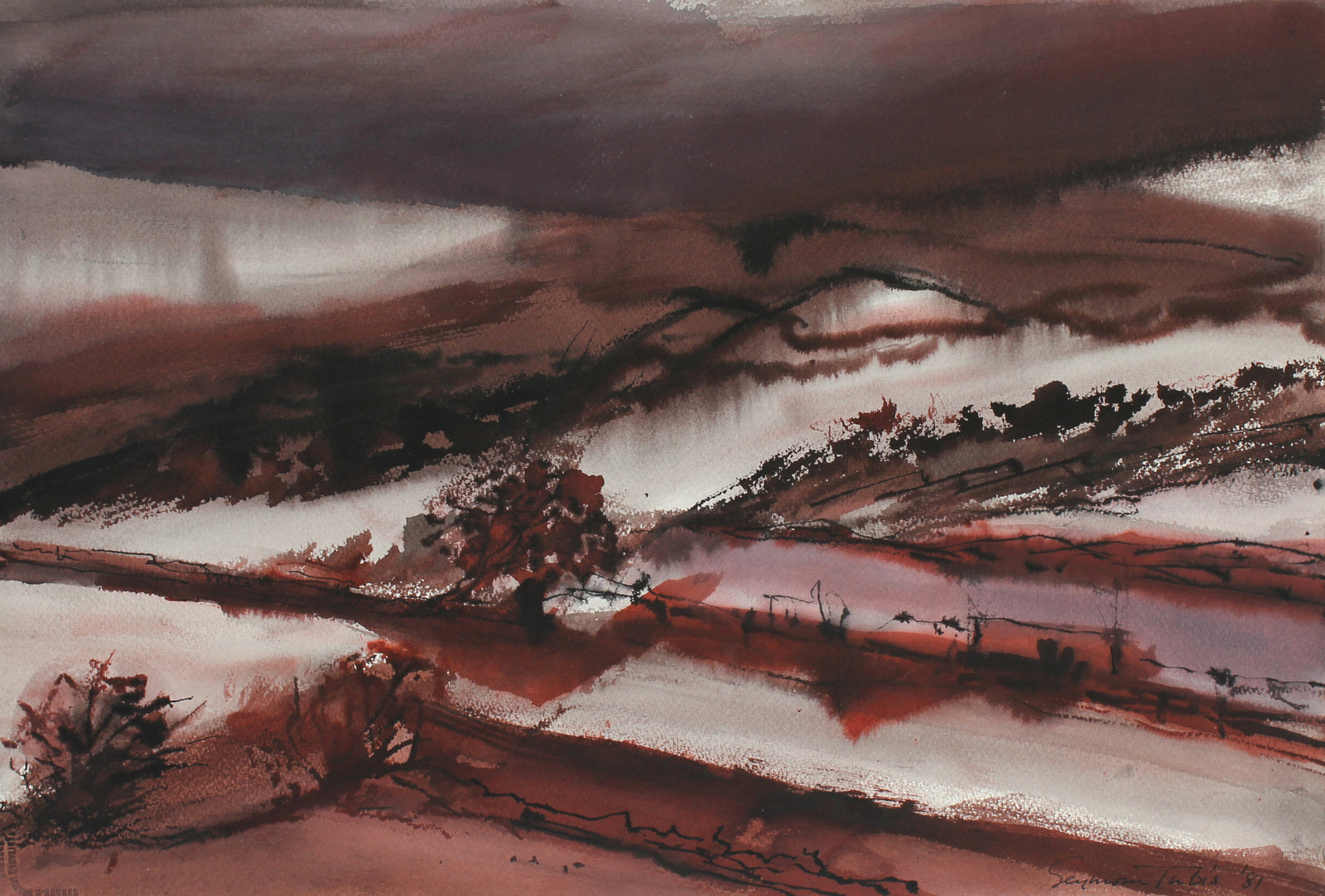 Expressionist Landscape with Red<br>1981 Ink and Watercolor<br><br>#62746