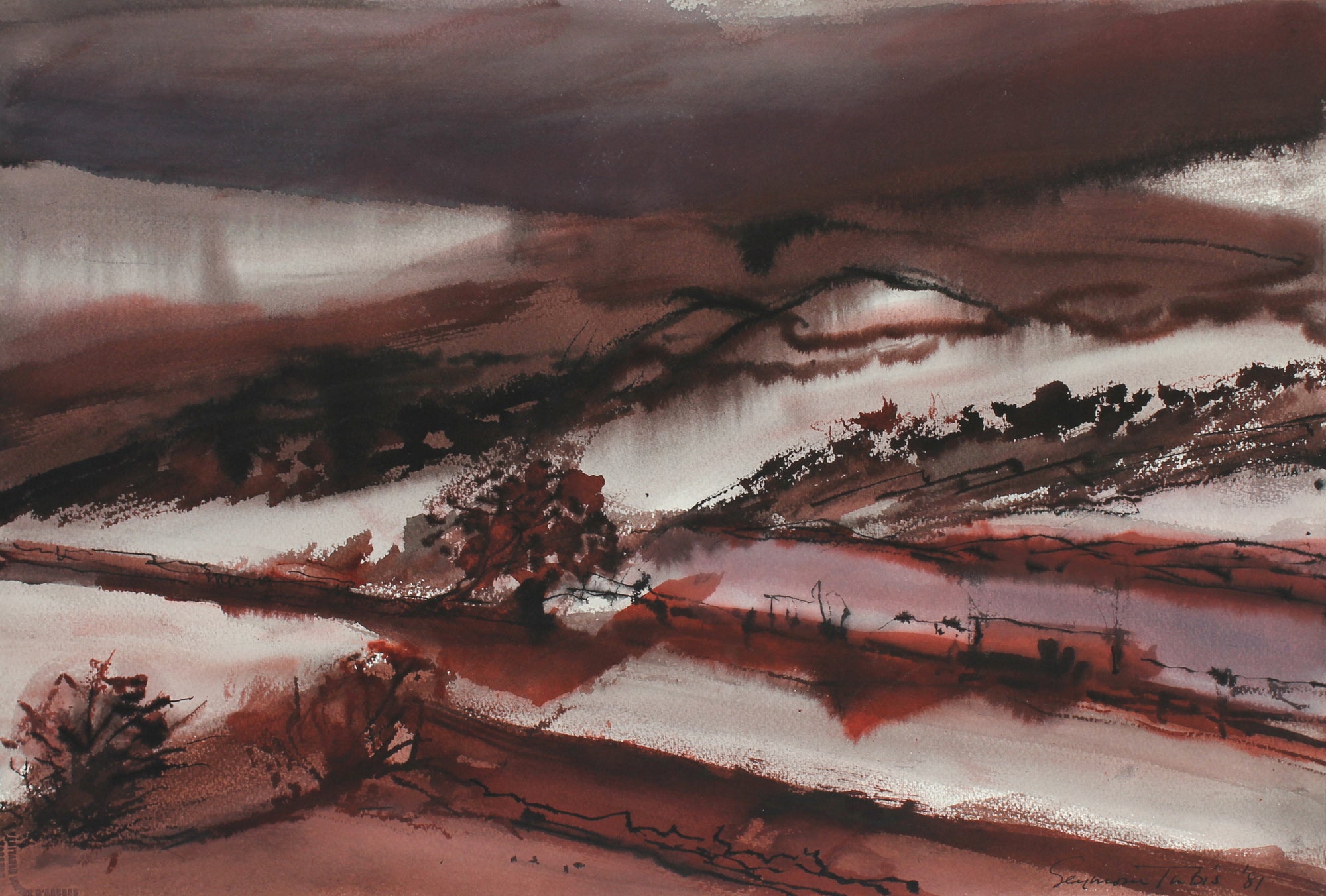 Expressionist Landscape with Red<br>1981 Ink and Watercolor<br><br>#62746