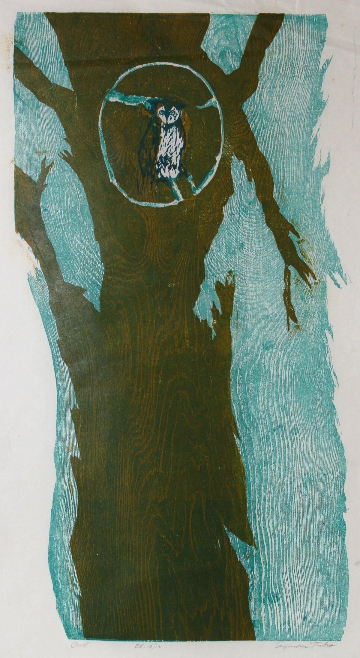 &lt;i&gt;Owl&lt;/i&gt; &lt;br&gt;1950s Woodcut with Blue &lt;br&gt;&lt;br&gt;#62774