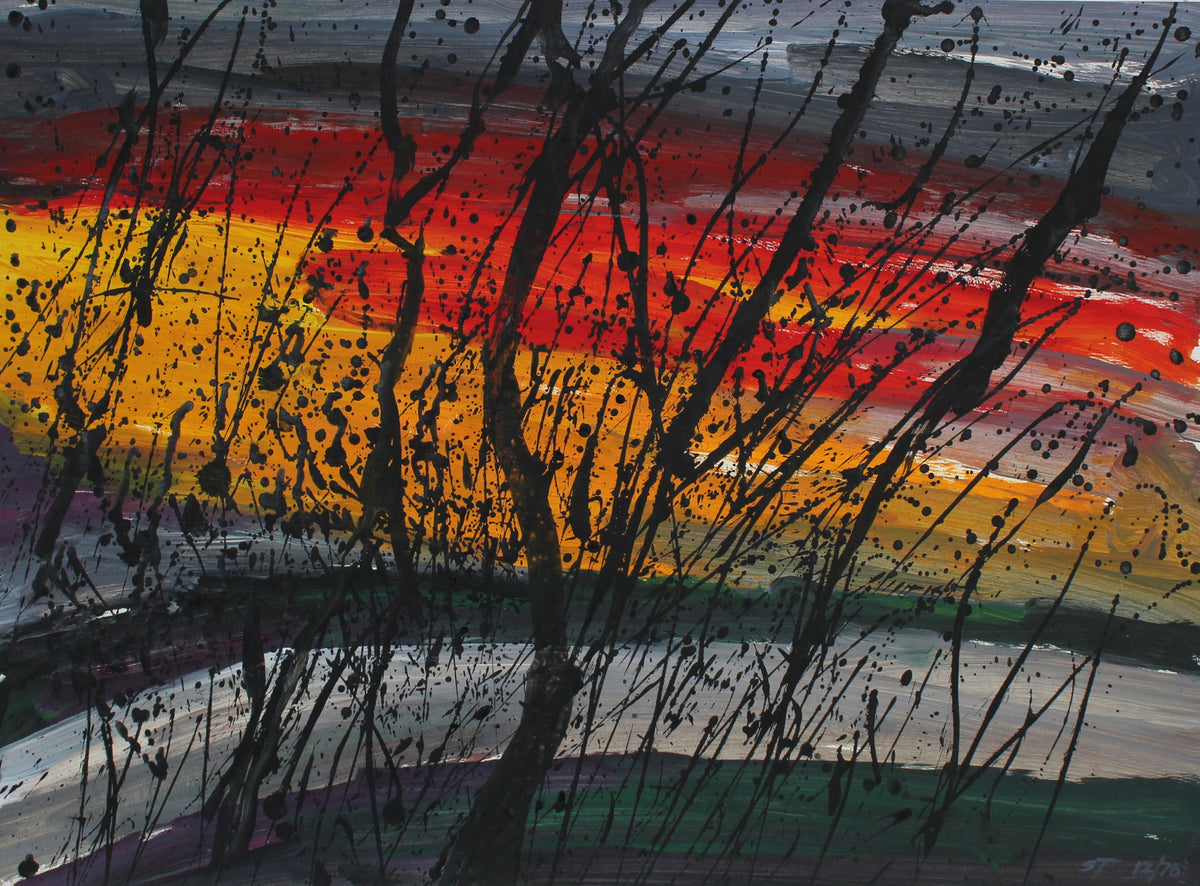 Fiery Abstracted Tree Scene &lt;br&gt;1978 Acrylic on Paper &lt;br&gt;&lt;br&gt;#62937