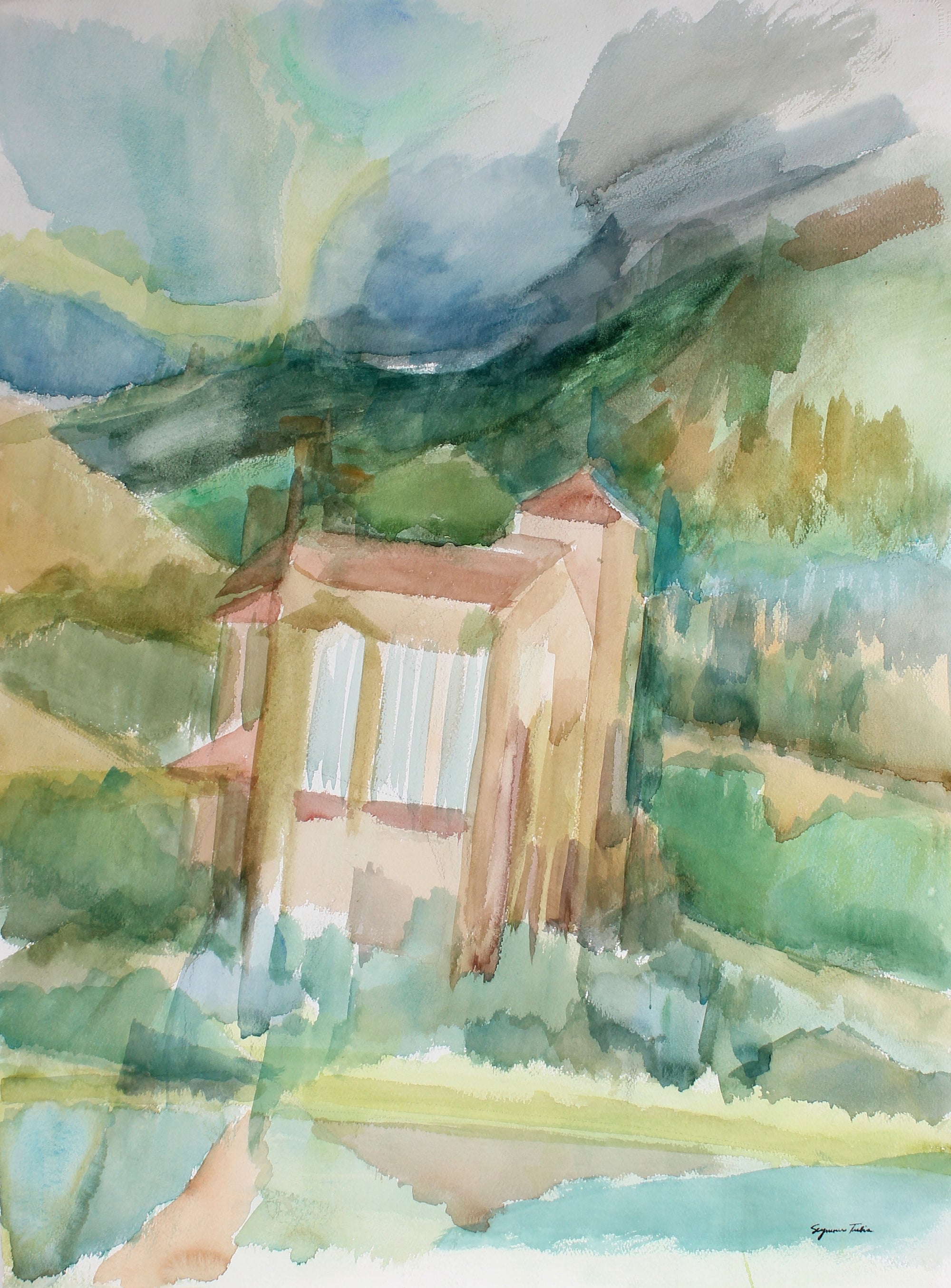 Dreamy Abstracted Hillside <br>20th Century Watercolor & Pastel <br><br>#66736