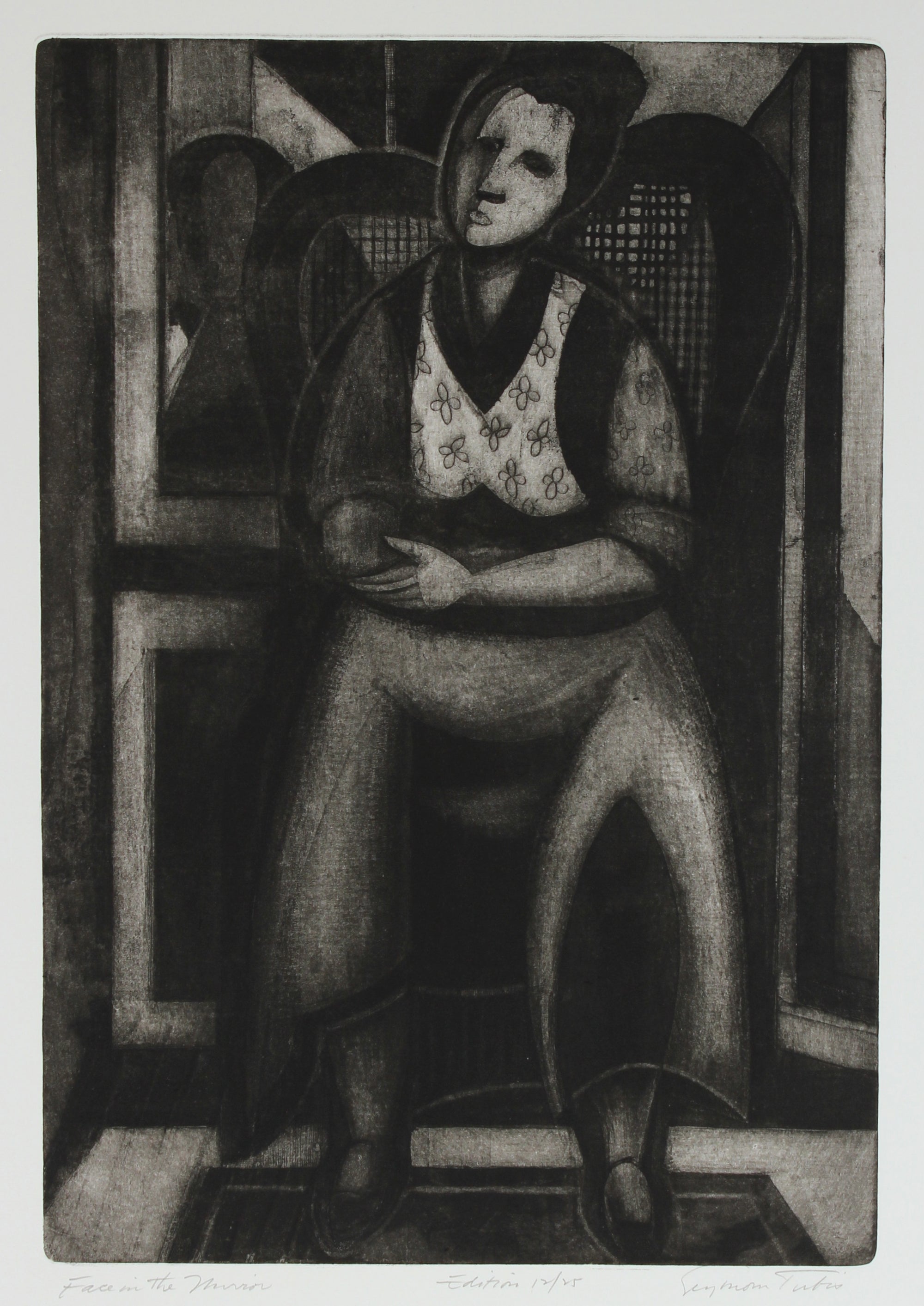 <i>Face in the Mirror</i><br>1950s Cubist Etching<br><br>#66788